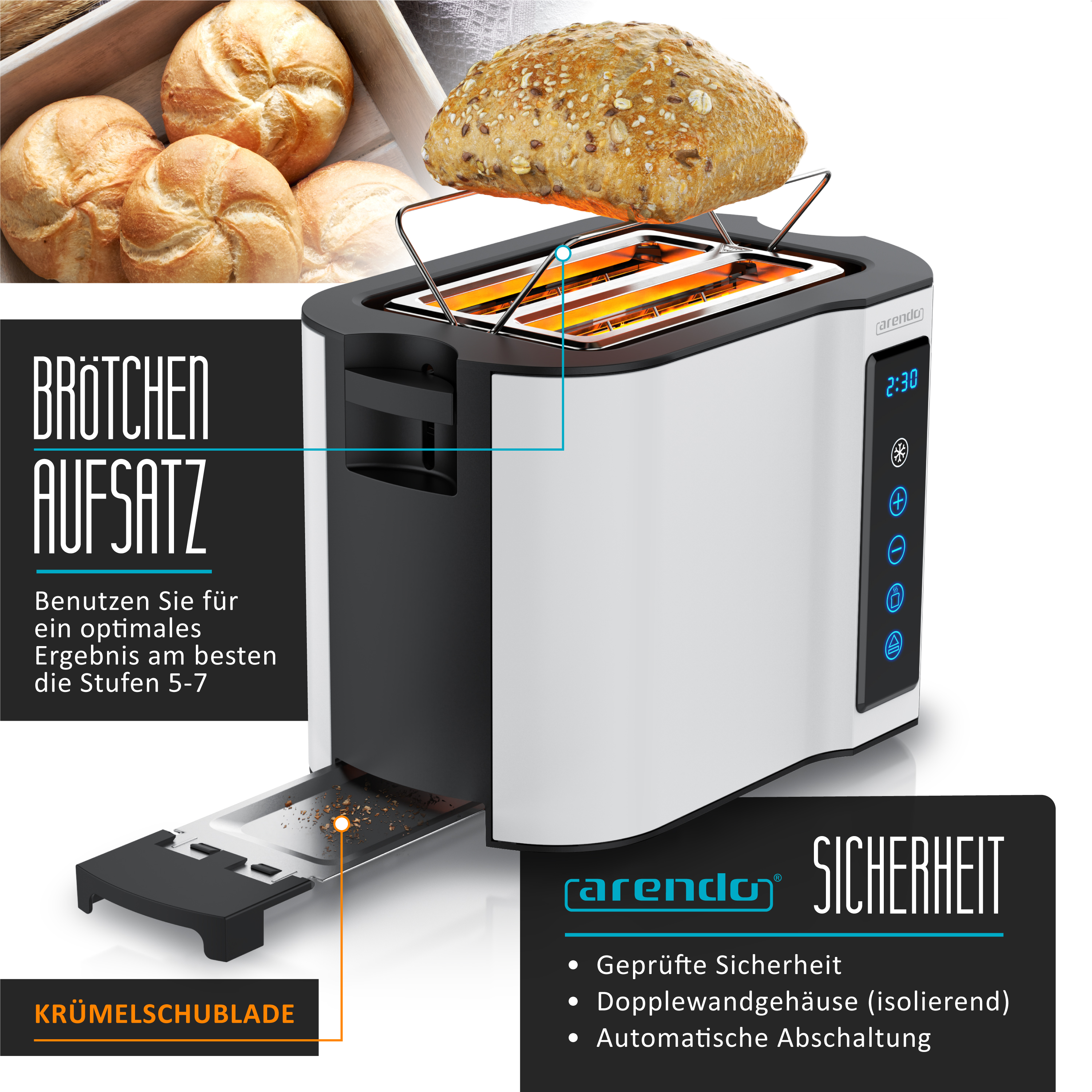 Moderner Toaster mit Brötchenaufsatz, Krümelschublade und digitaler Anzeige.