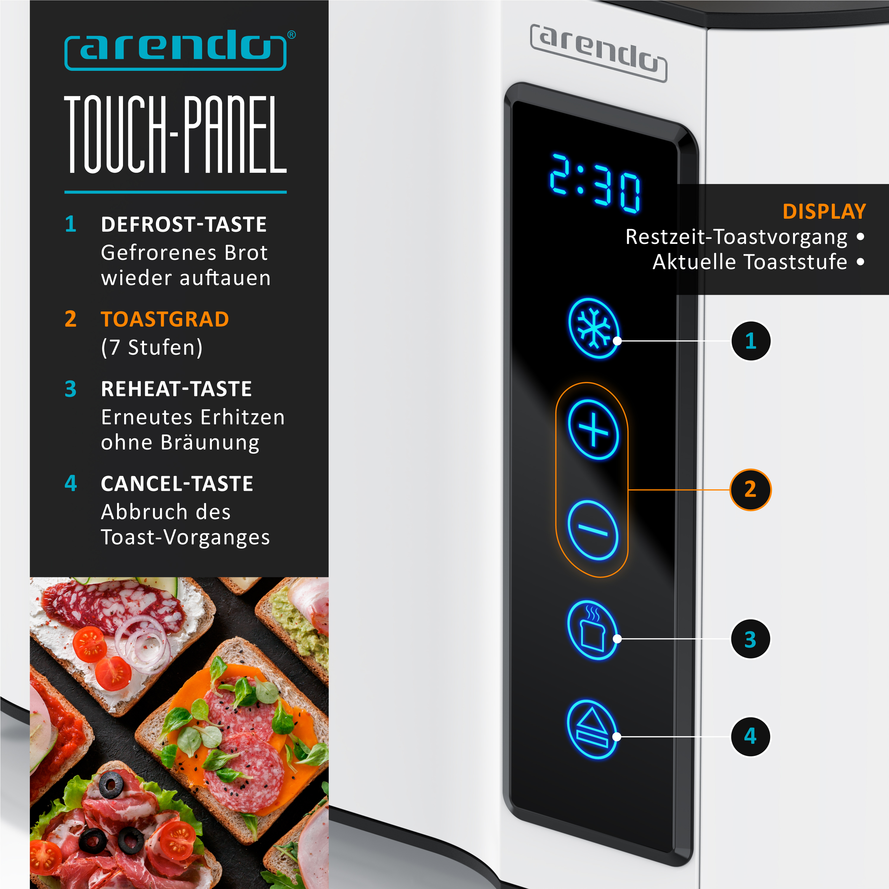 Ein moderner Toaster mit Touch-Panel und Display, daneben belegte Brote.