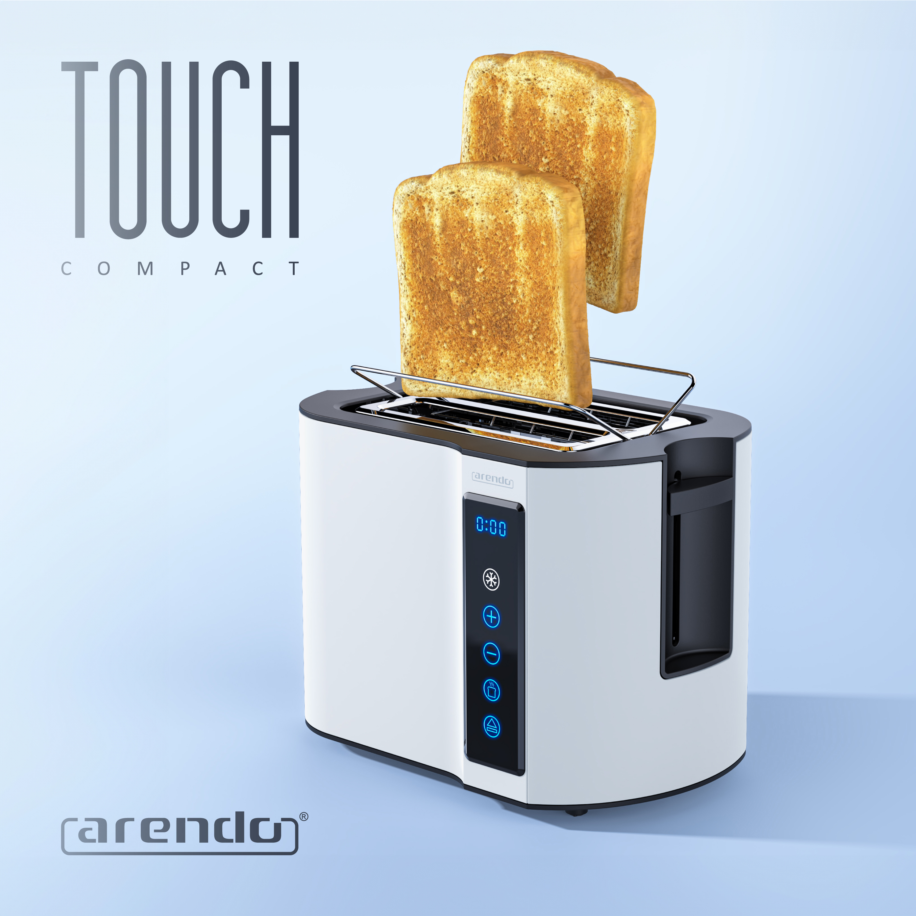Ein weißer Toaster mit zwei goldenen Toastscheiben, die herausragen.