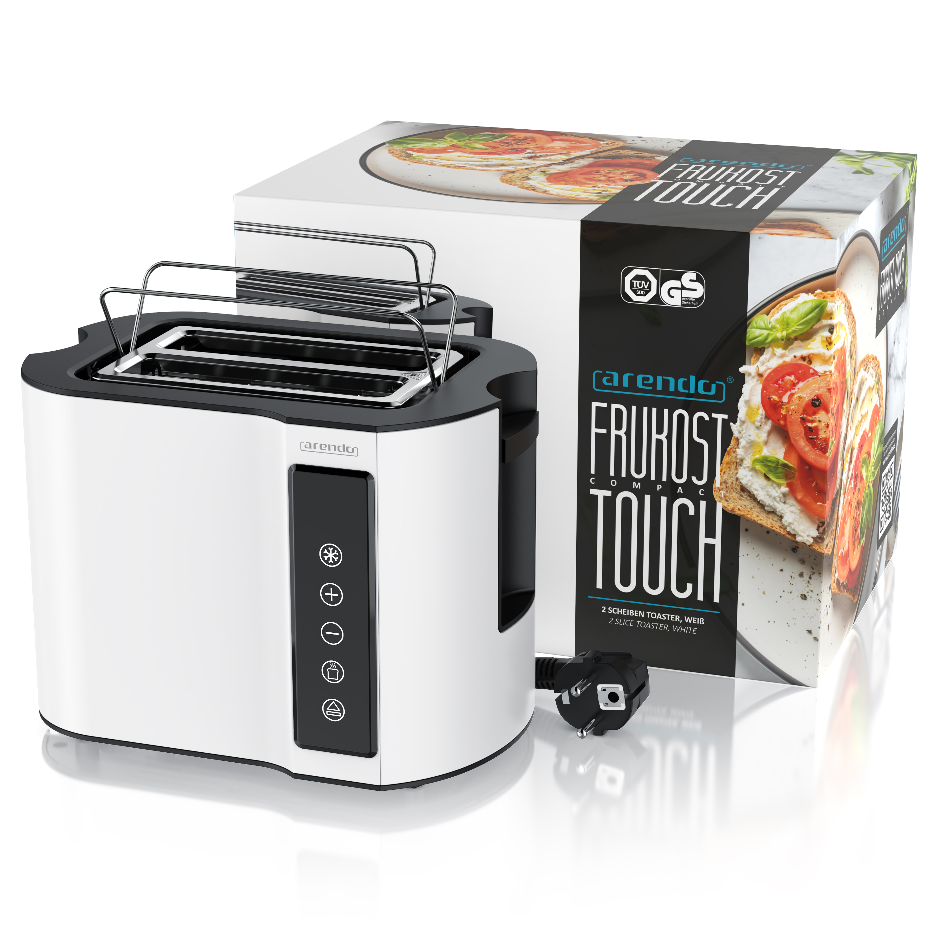 Ein weißer 2-Schlitz-Toaster von Arendo mit Bedienfeld und Produktverpackung.