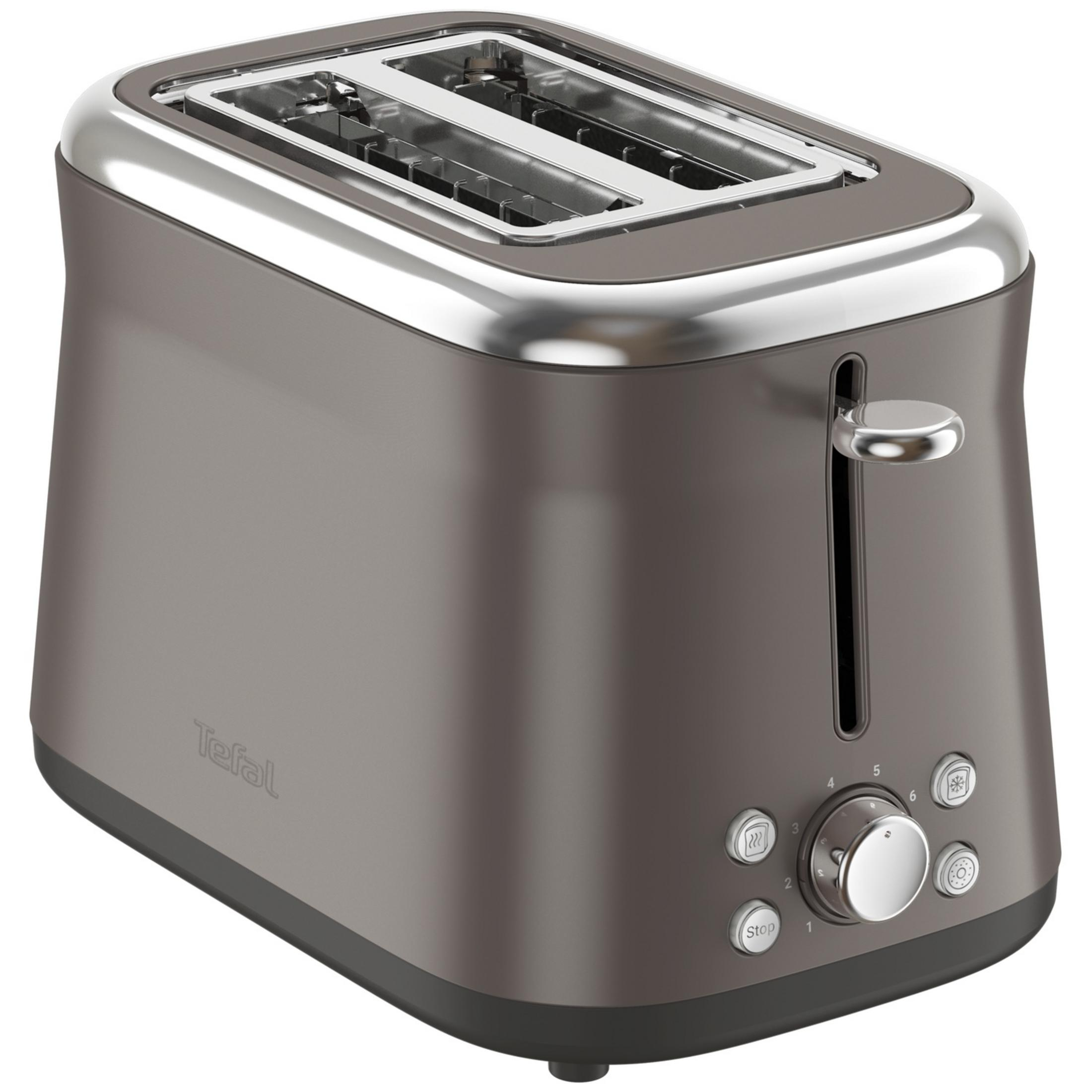 Un tostapane Tefal moderno, grigio, con accenti cromati e pulsanti.
