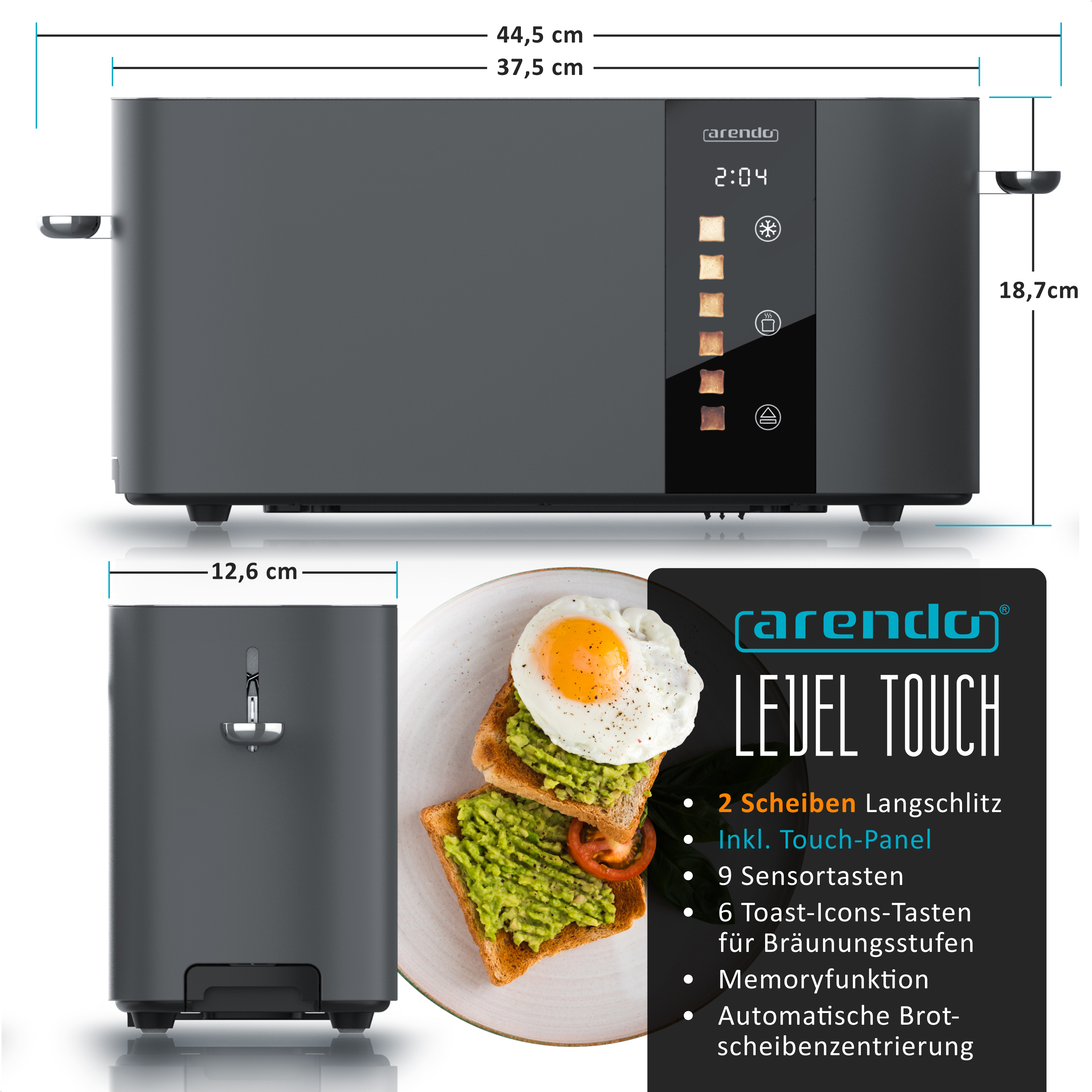 Grauer Toaster mit Touch-Panel und Avocado-Toast mit Spiegelei.