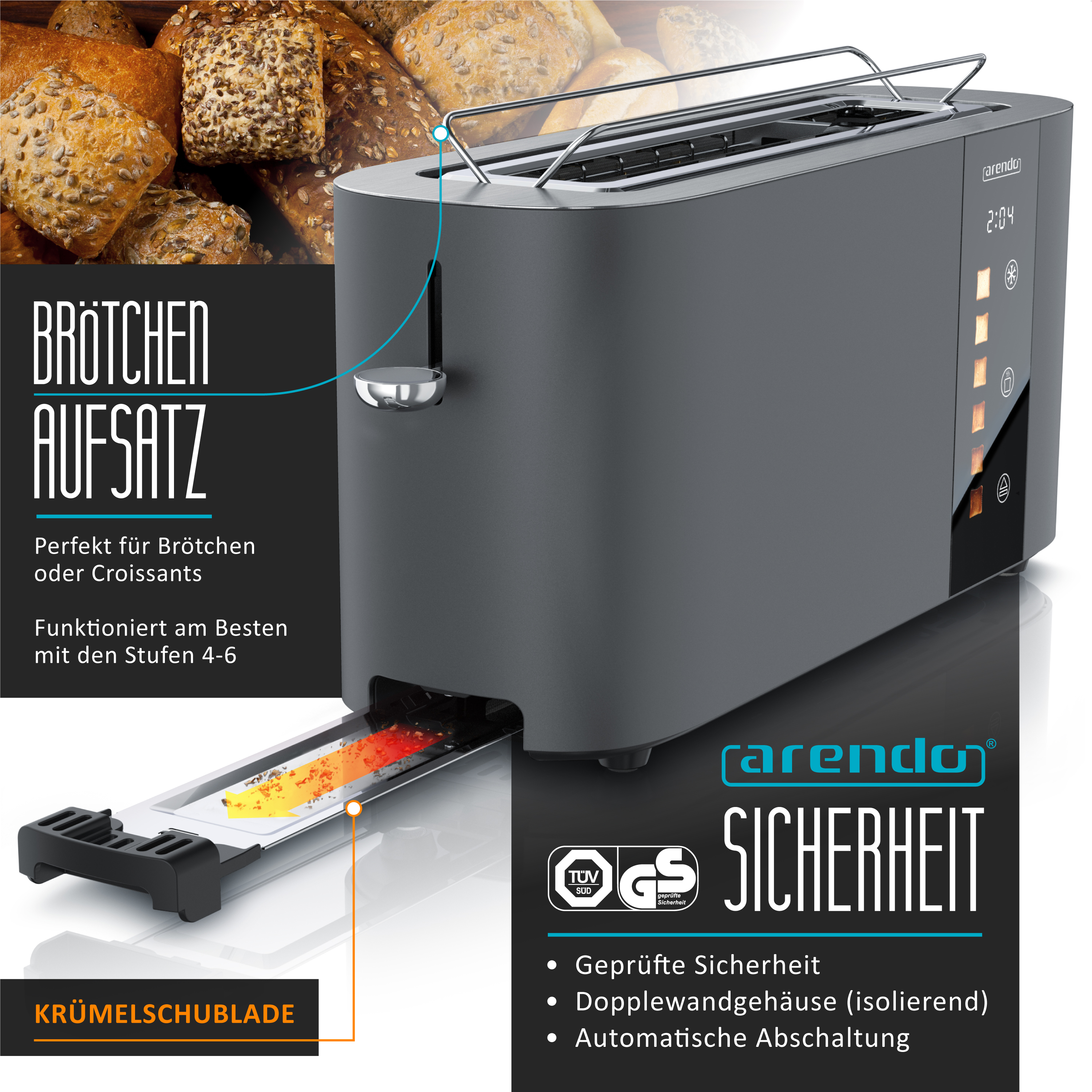 Ein dunkler Toaster mit Brötchenaufsatz, Krümelschublade und Sicherheitslogos.