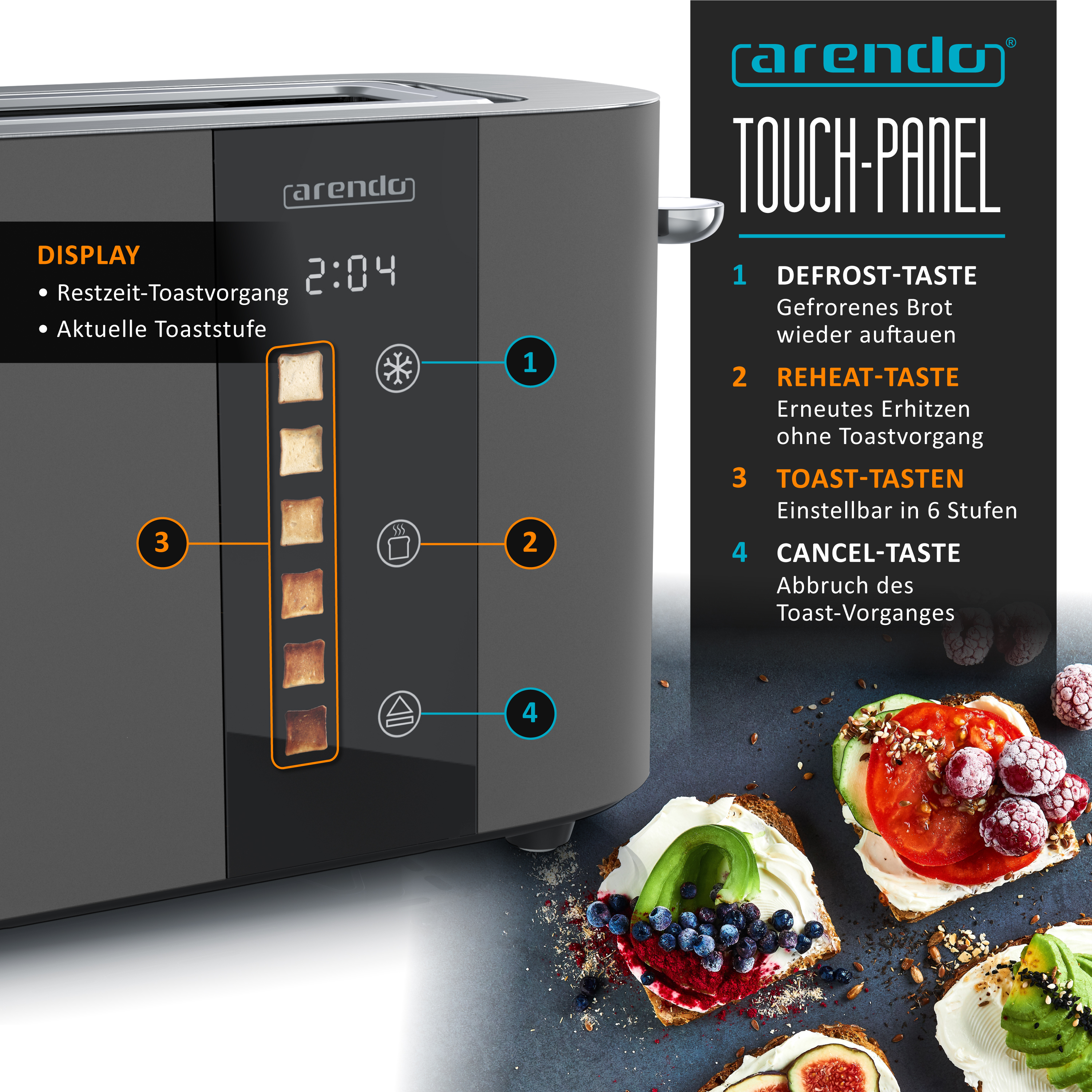 Ein dunkler Toaster mit Touch-Panel und Toast-Bildern. Daneben sind belegte Brote.