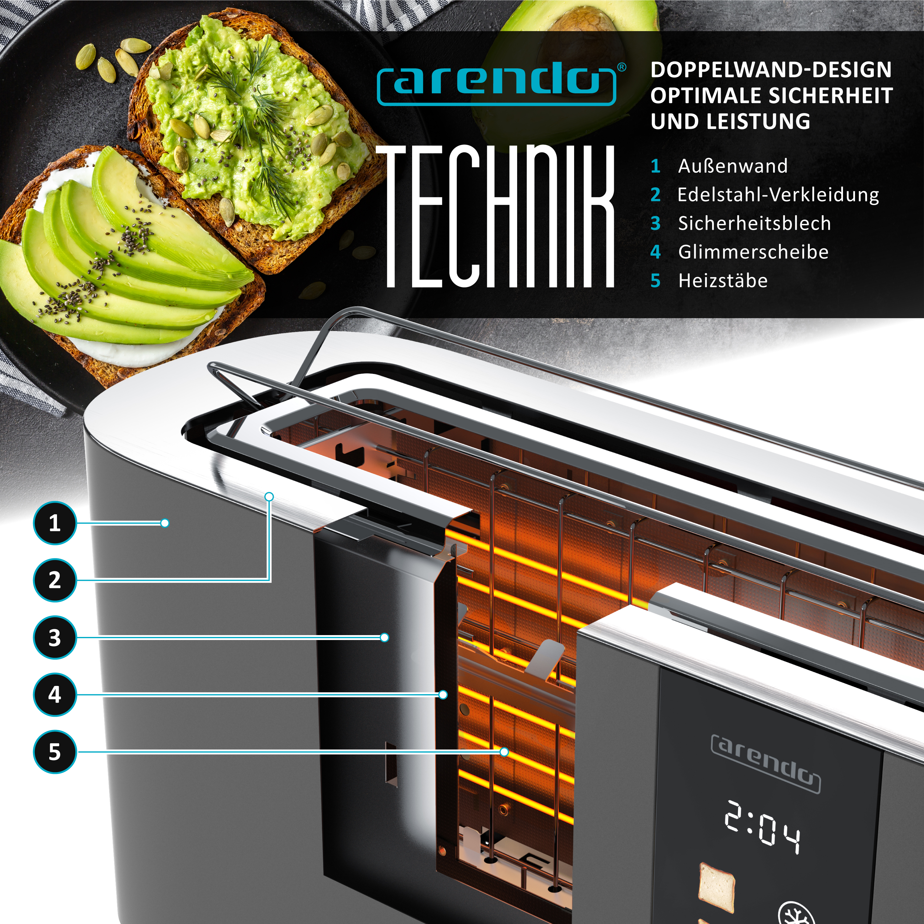 Ein Toaster mit Heizstäben, Avocado-Toast und technischen Details.