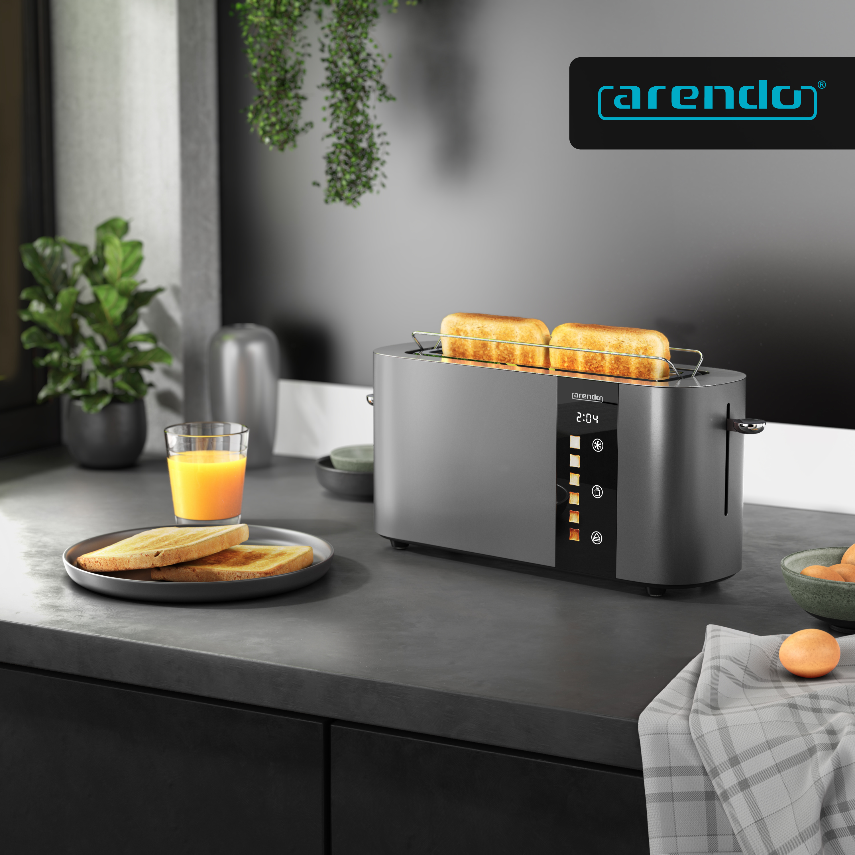 Ein moderner Toaster mit zwei Toastbrotscheiben, daneben ein Glas Orangensaft.