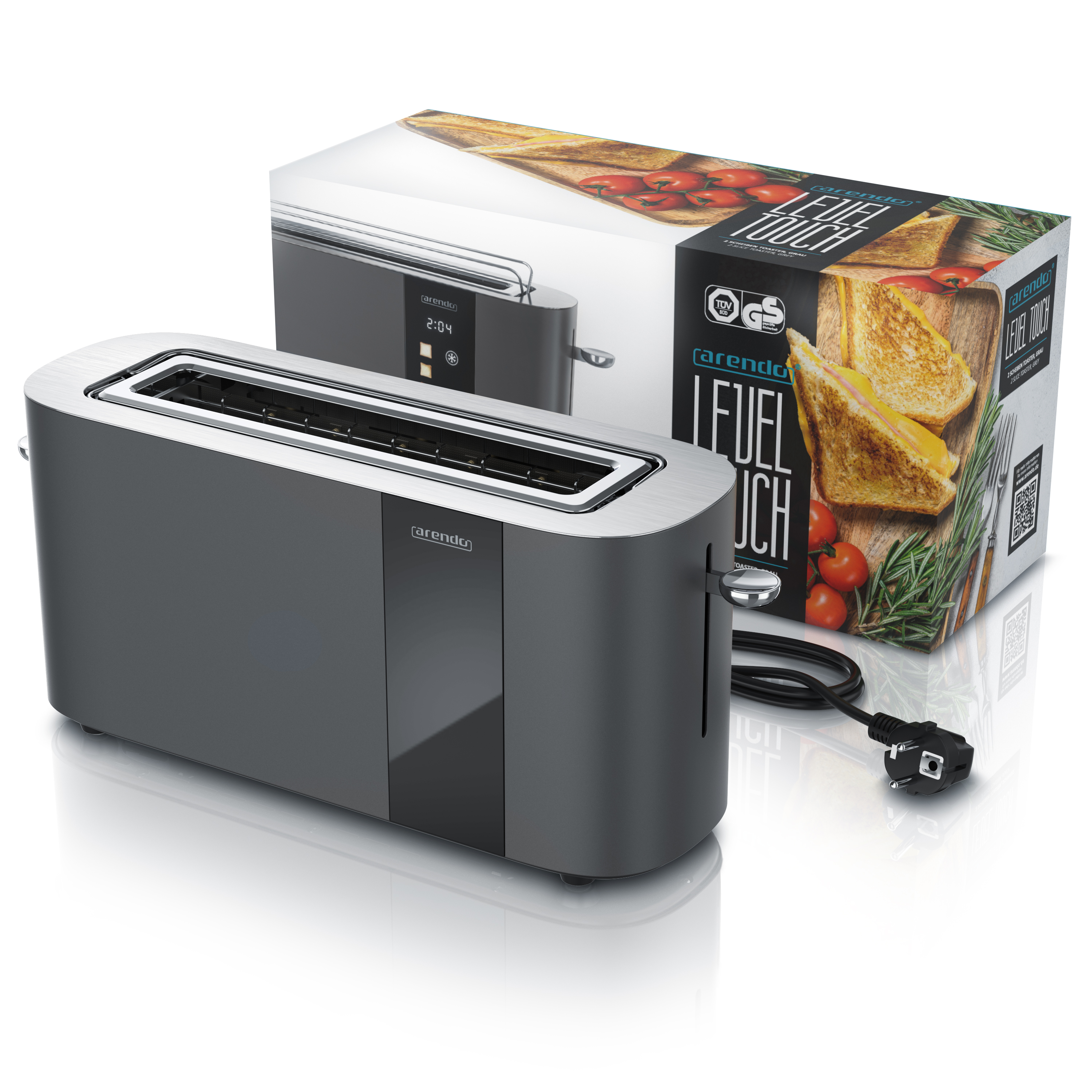 Ein grauer Toaster steht neben seiner Verpackung, die Sandwiches zeigt.