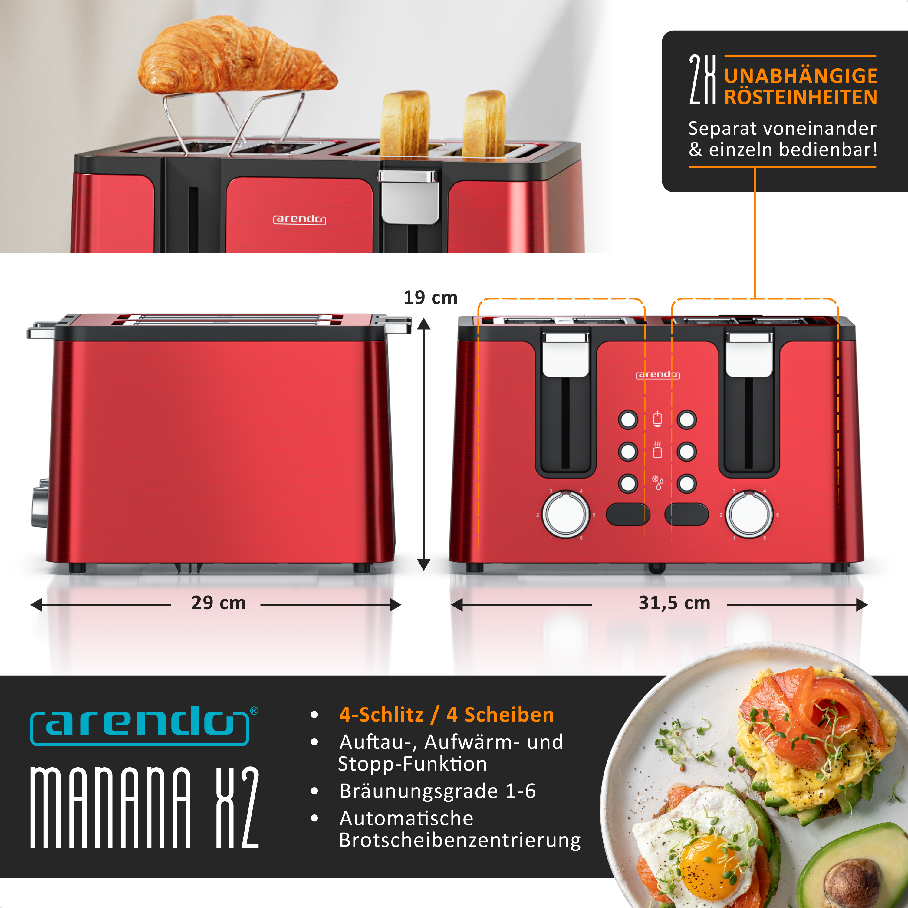 Roter Toaster mit 4 Schlitzen, mit Croissant und Toastbrot abgebildet.