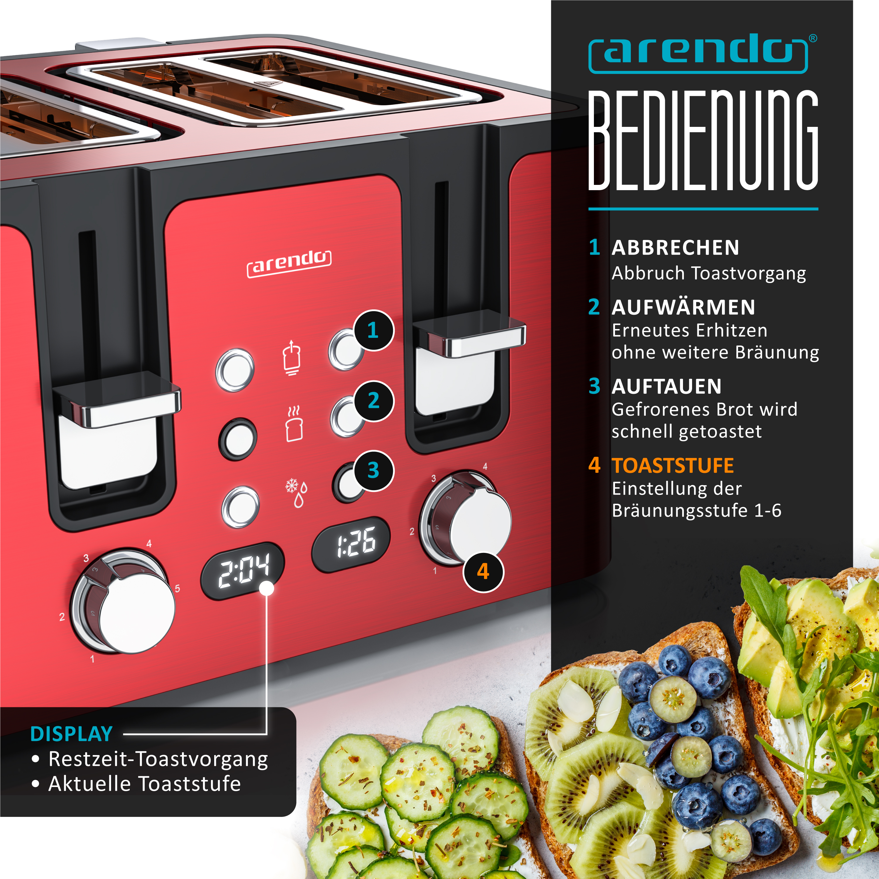 Ein roter Toaster mit Bedienelementen und Toast-Symbolen. Daneben sind belegte Brotscheiben.