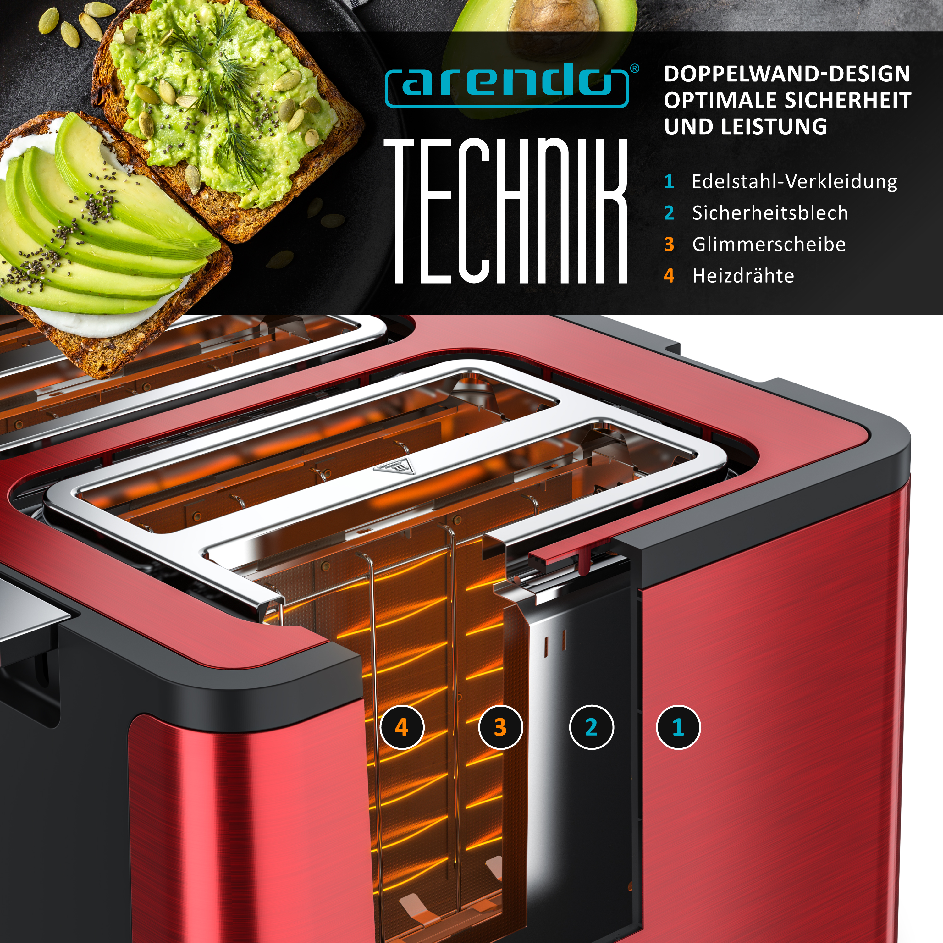 Rot-glänzender Toaster mit Avocado-Toast und technischen Details.