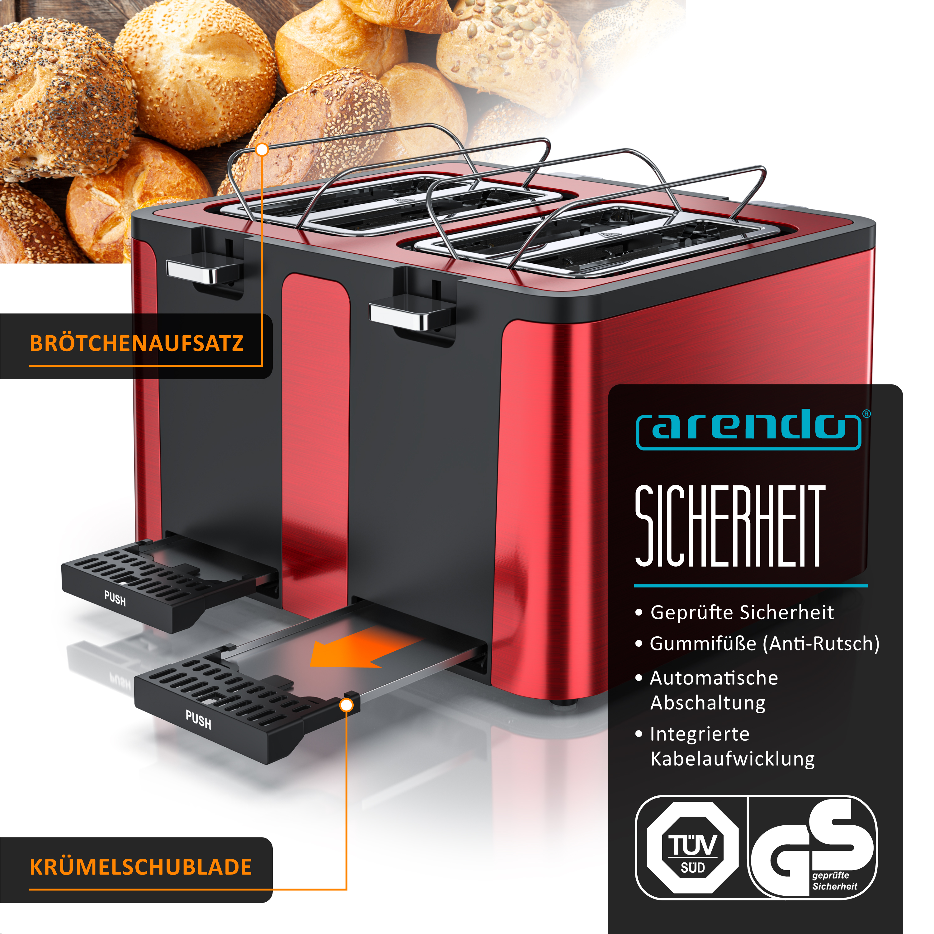 Roter Toaster mit Brötchenaufsatz, Krümelschublade und Sicherheitssiegeln.