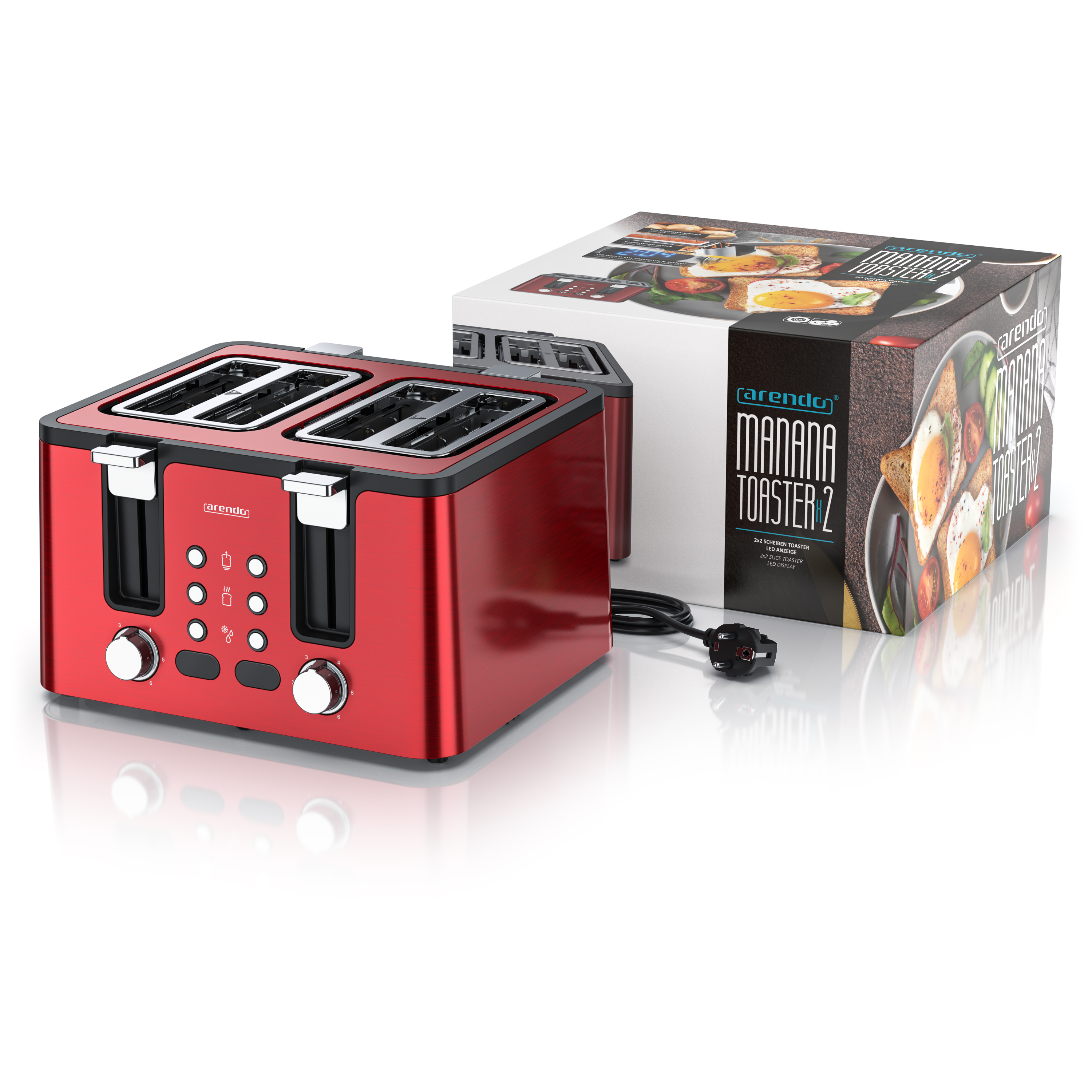 Ein roter Toaster mit vier Schlitzen und einer Verpackung daneben.