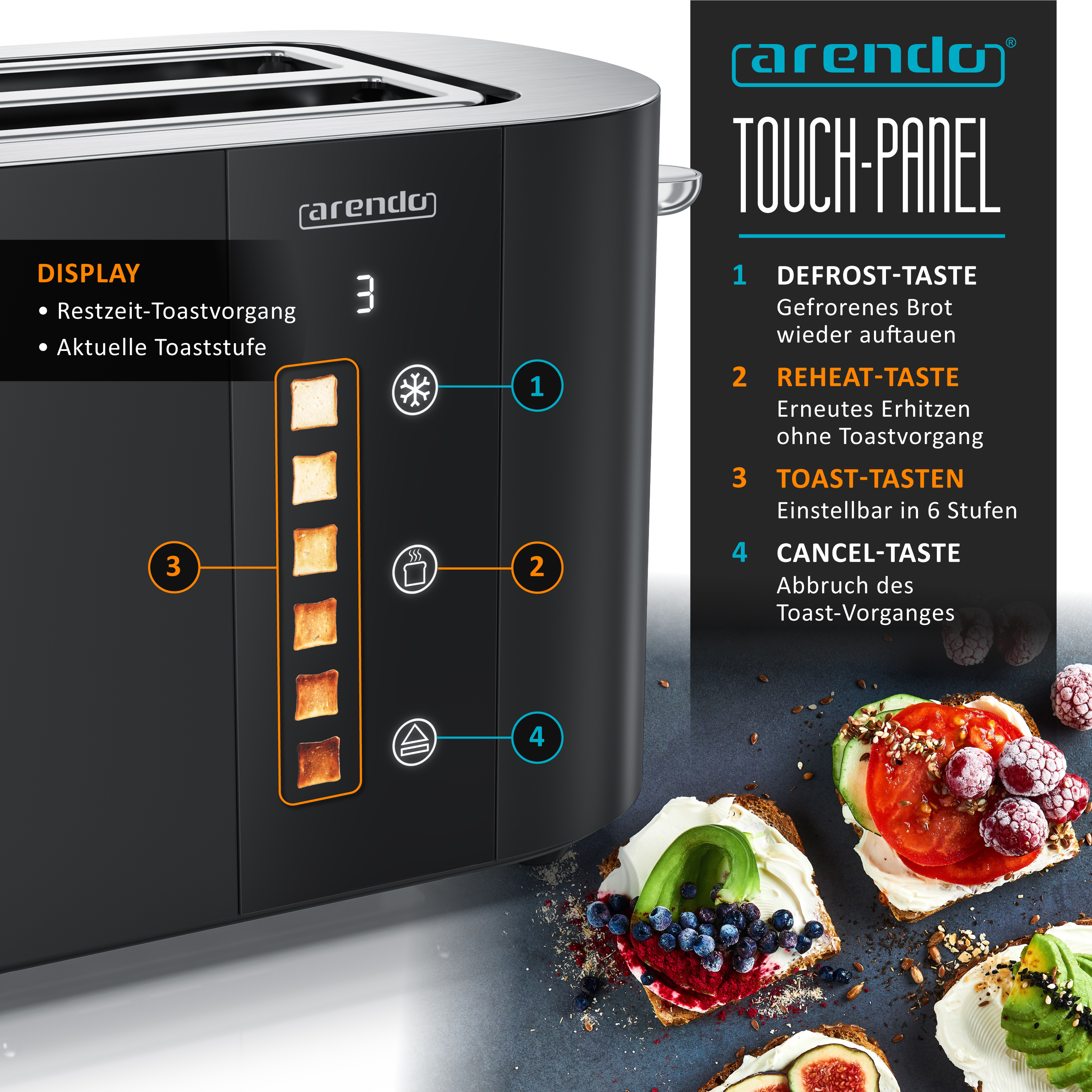 Schwarzer Toaster mit Touch-Panel und Toast-Bräunen-Anzeige. Servierte Brote im Vordergrund.