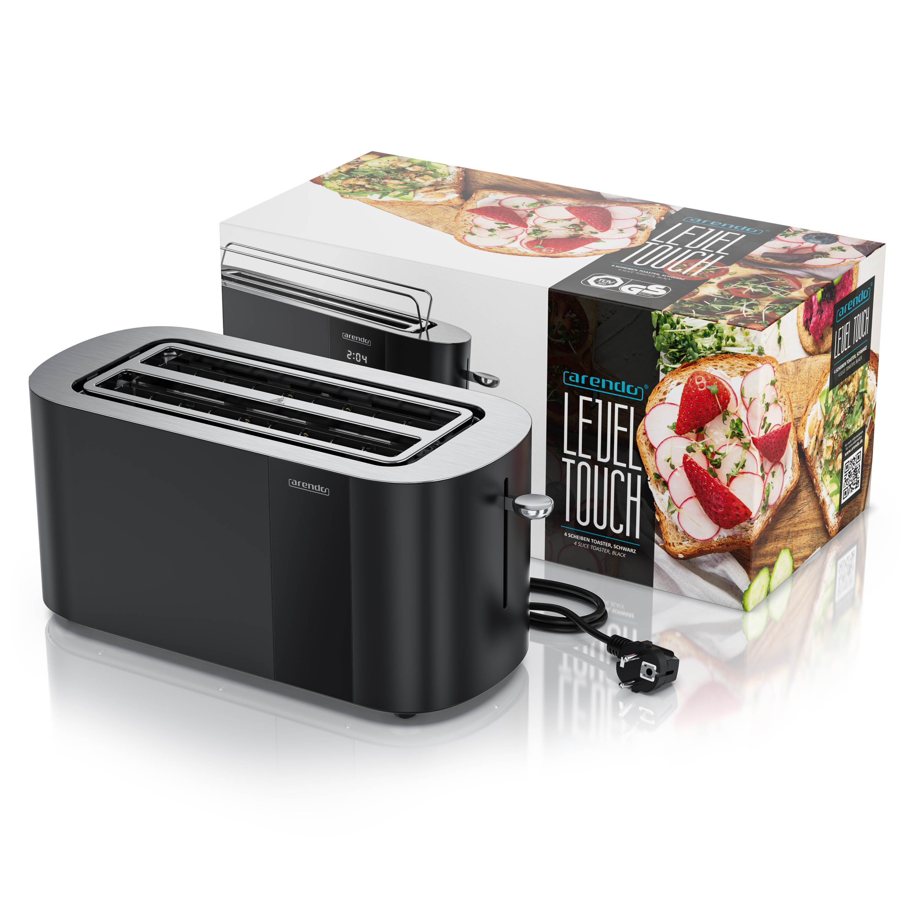 Ein schwarzer Toaster mit vier Schlitzen und eine Verpackung daneben.