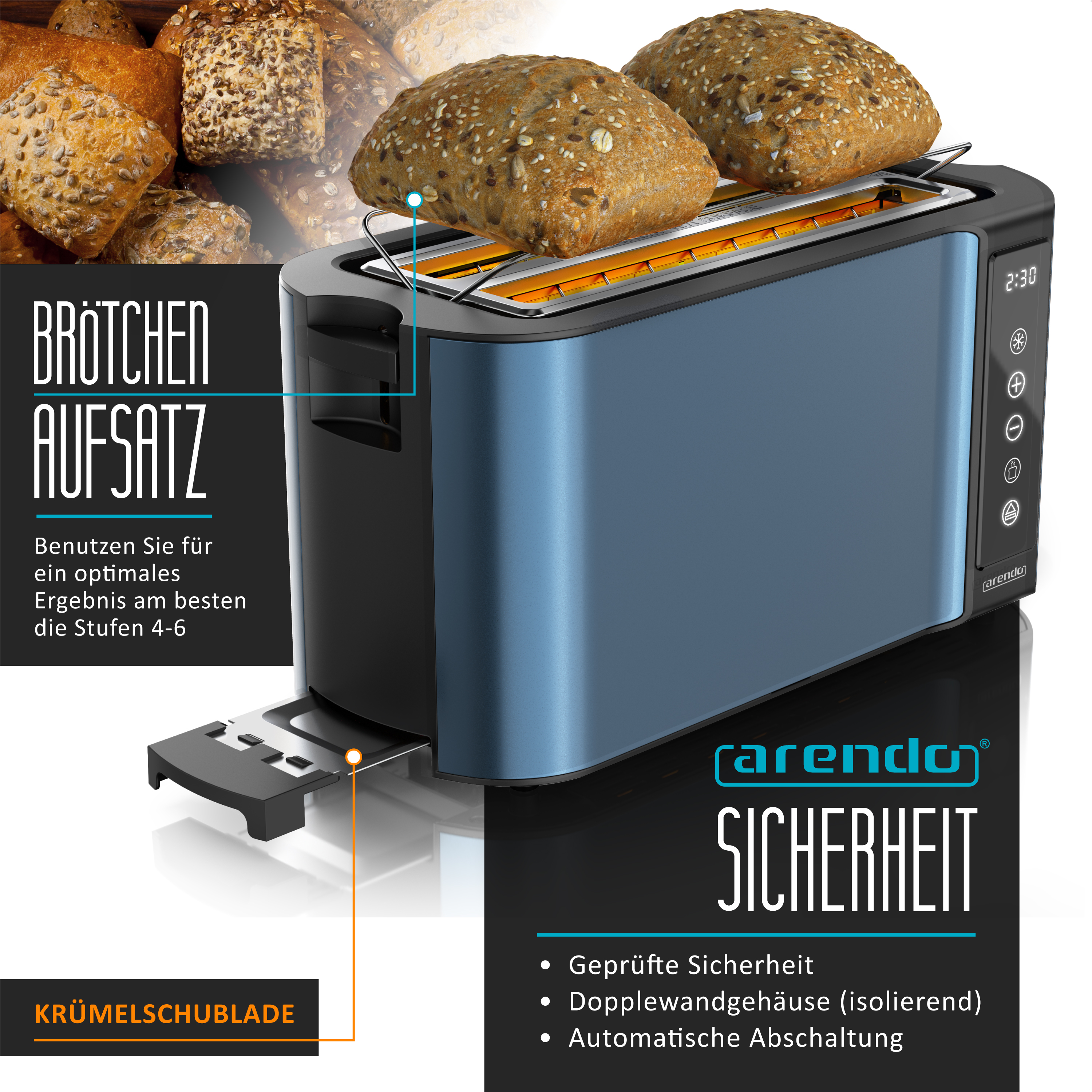 Ein blauer Toaster mit Brötchenaufsatz und Brötchen im Schlitz. Krümelschublade.