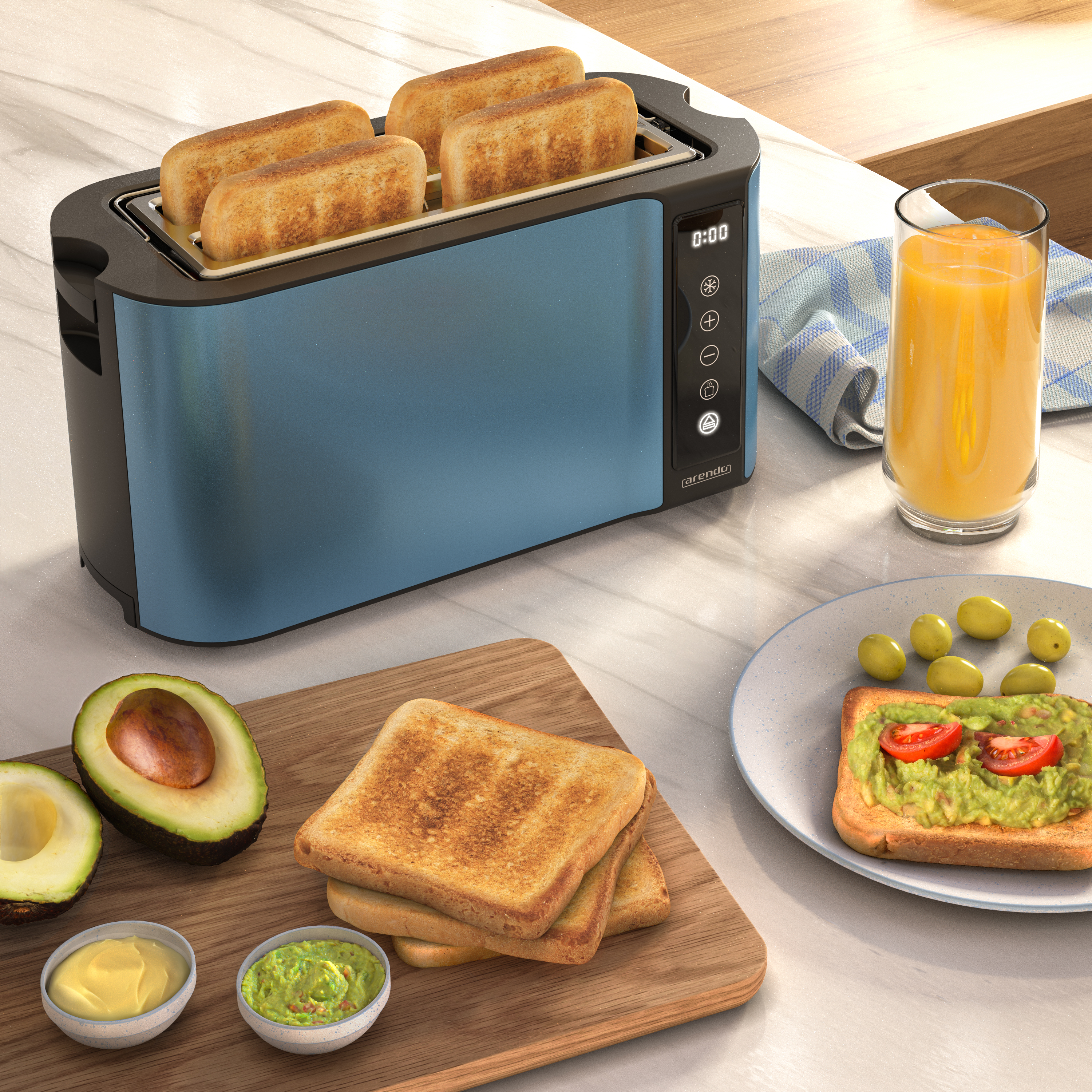 Ein blauer Toaster mit Toast, Avocado, Oliven, Orangensaft und Dips auf einem Marmortisch.