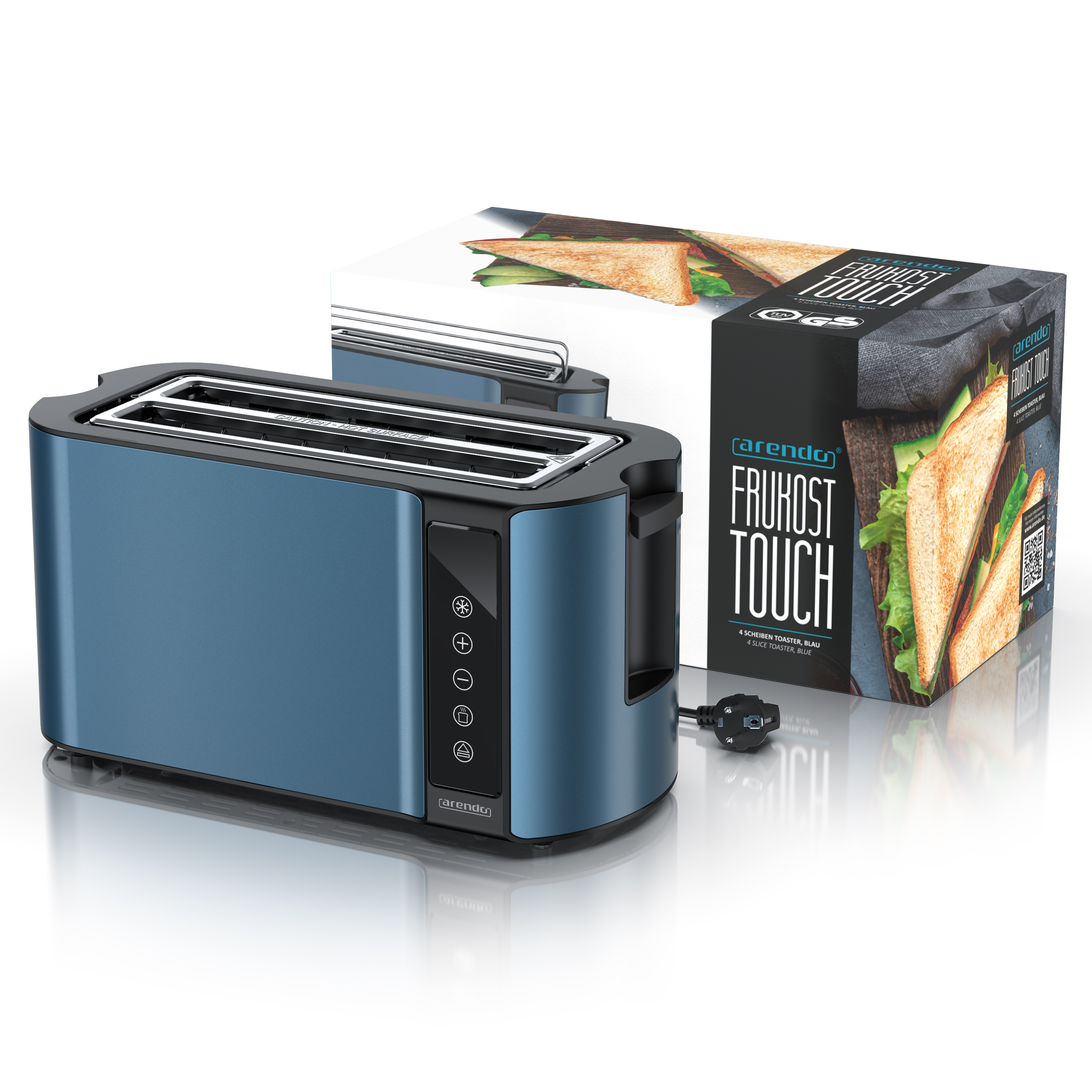 Ein blauer 4-Scheiben-Toaster mit Verpackung, auf der ein Sandwich abgebildet ist.