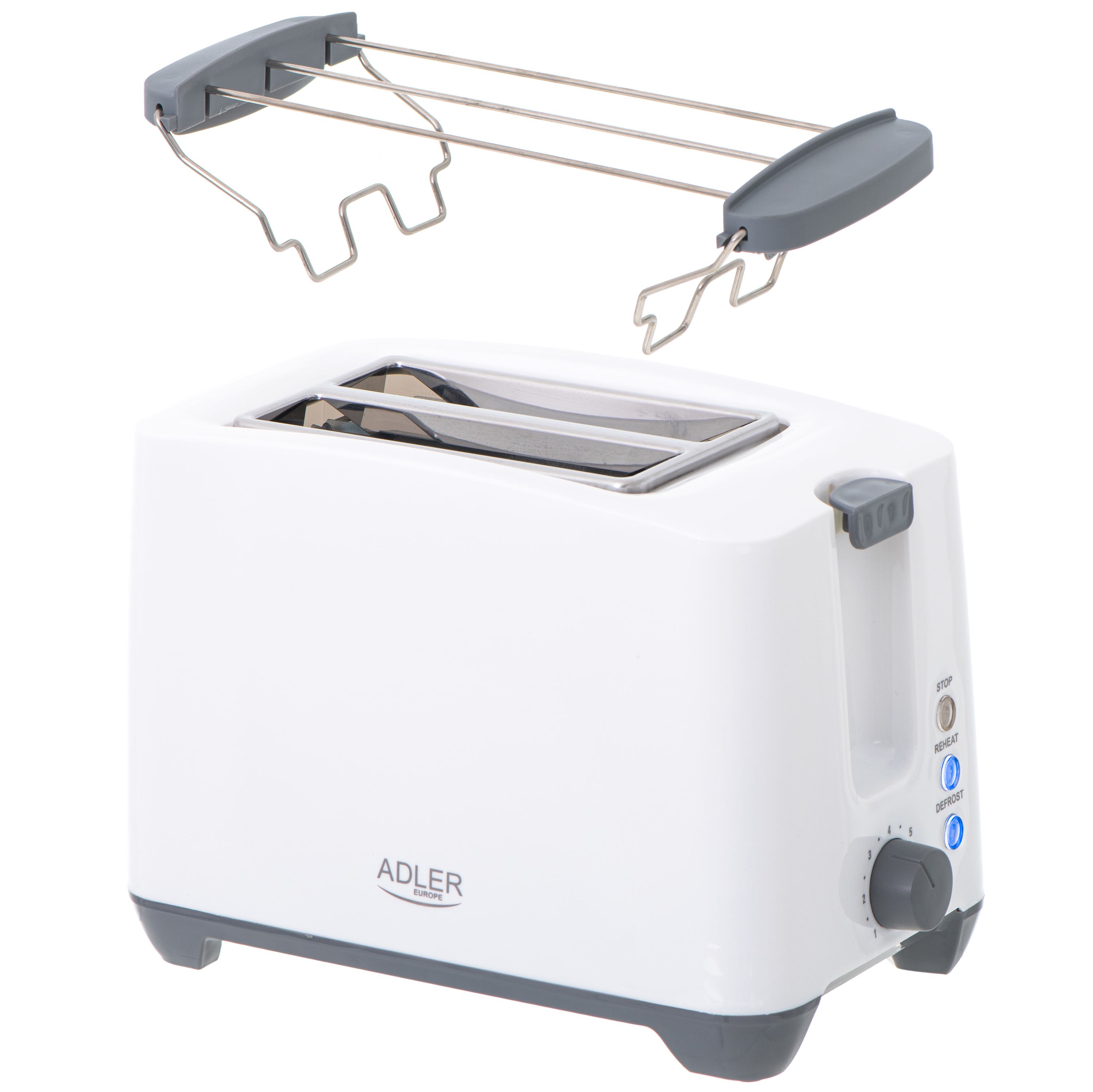 Un tostapane bianco con un accessorio in metallo e plastica grigia.