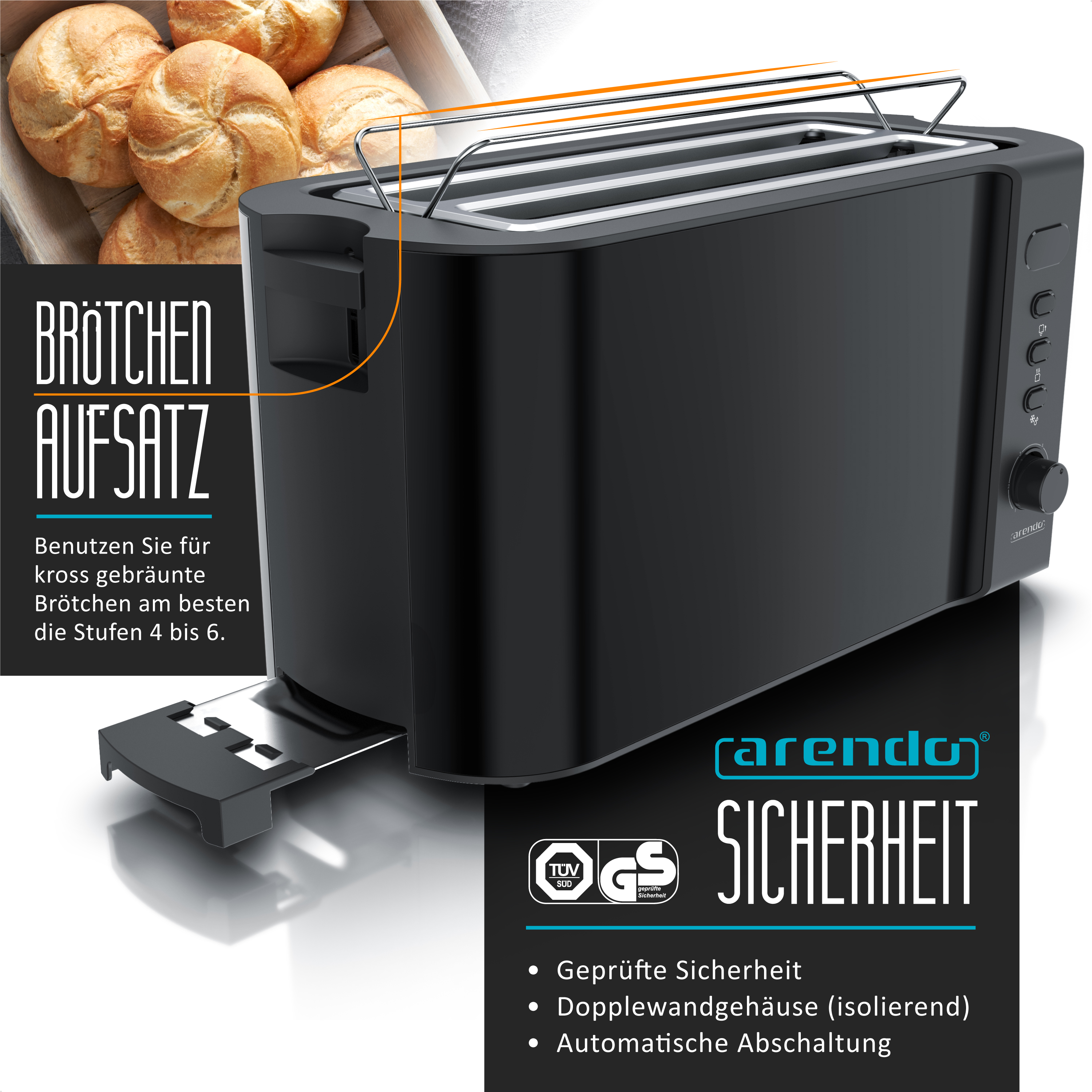 Schwarzer Toaster mit Brötchenaufsatz und goldbraunen Brötchen daneben.