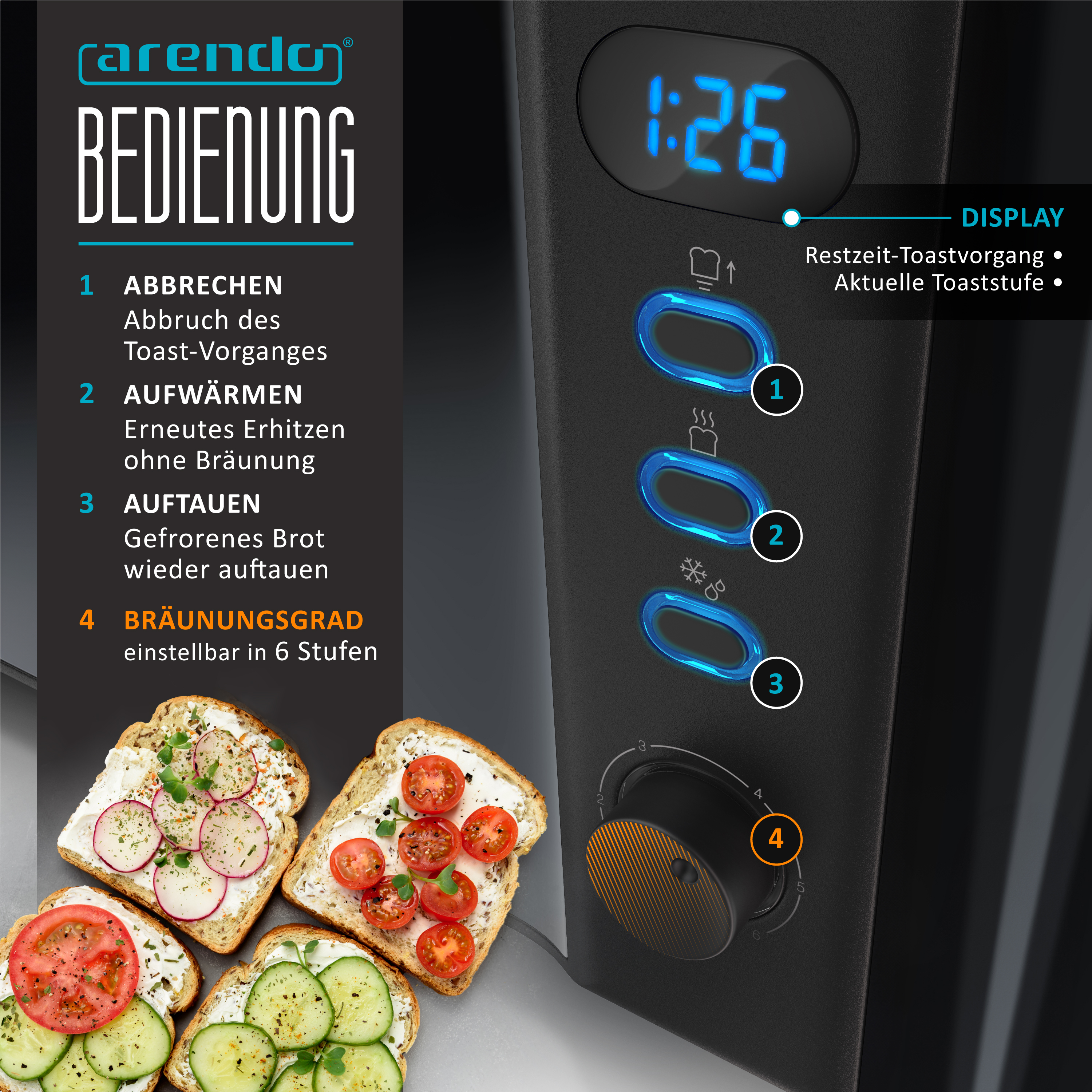 Nahaufnahme eines Toasters mit Brot, Display und Bedienelementen.