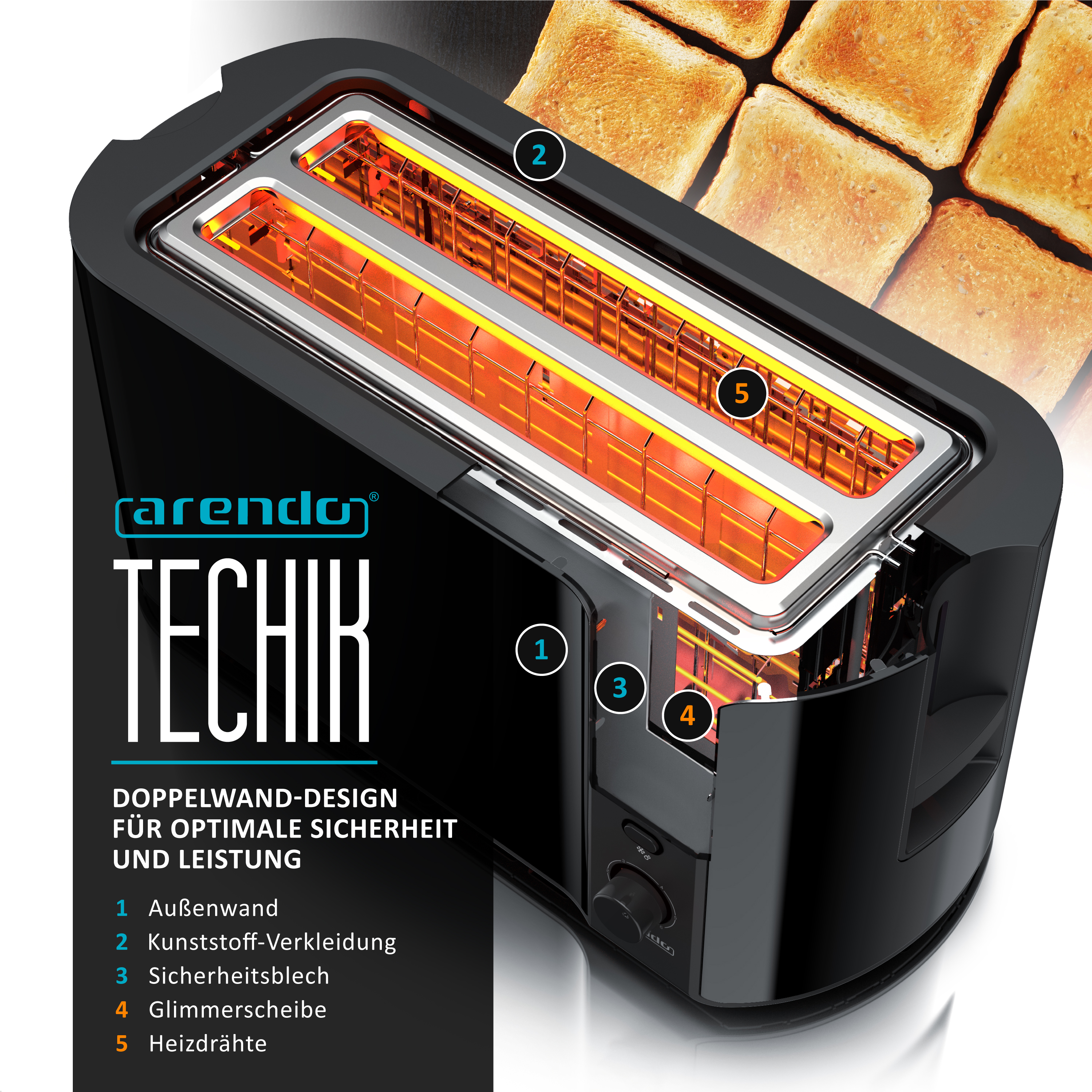 Ein schwarzer Toaster mit eingelegten Toastbroten und leuchtenden Heizdrähten.