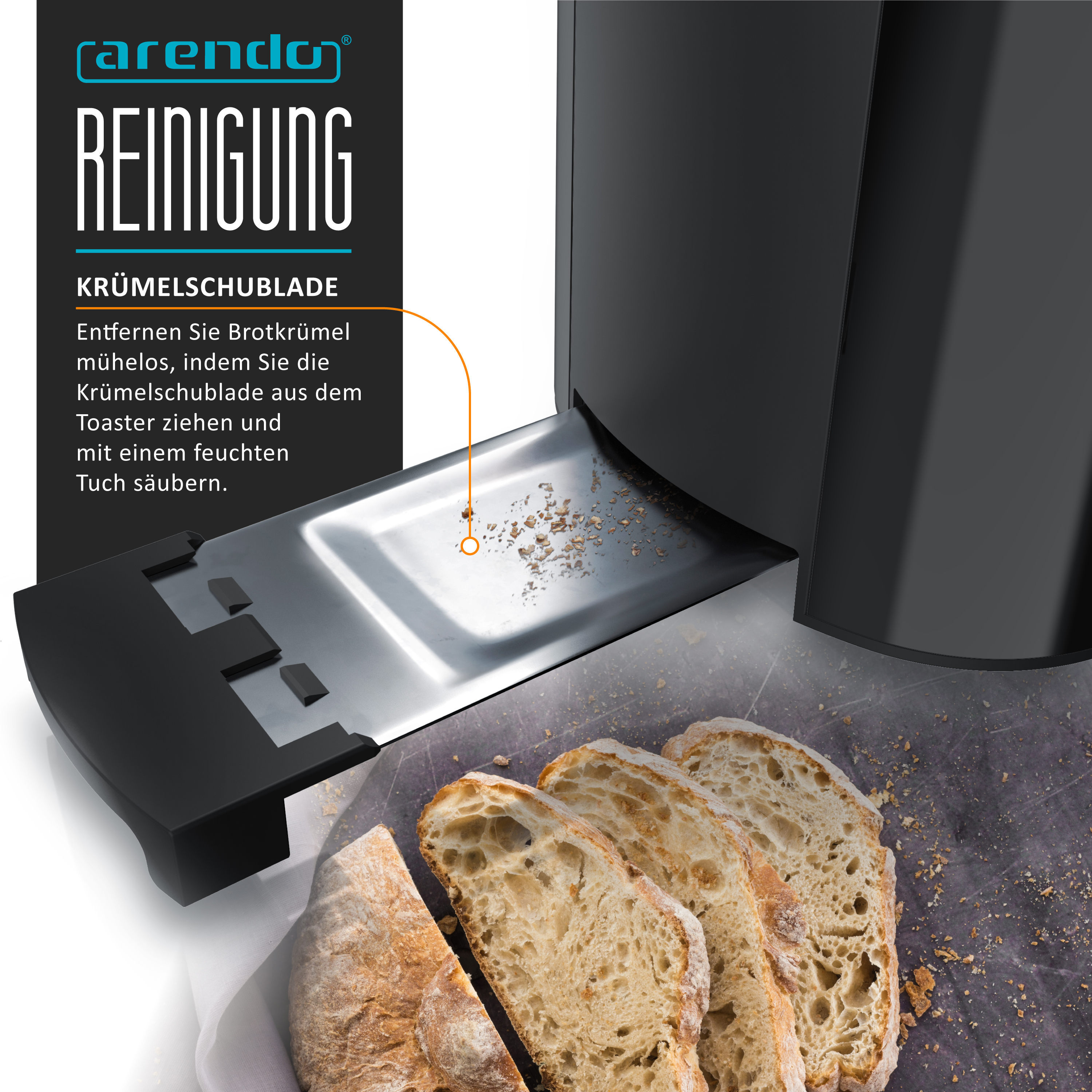 Ein Toaster mit ausgefahrener Krümelschublade und Brotscheiben daneben.