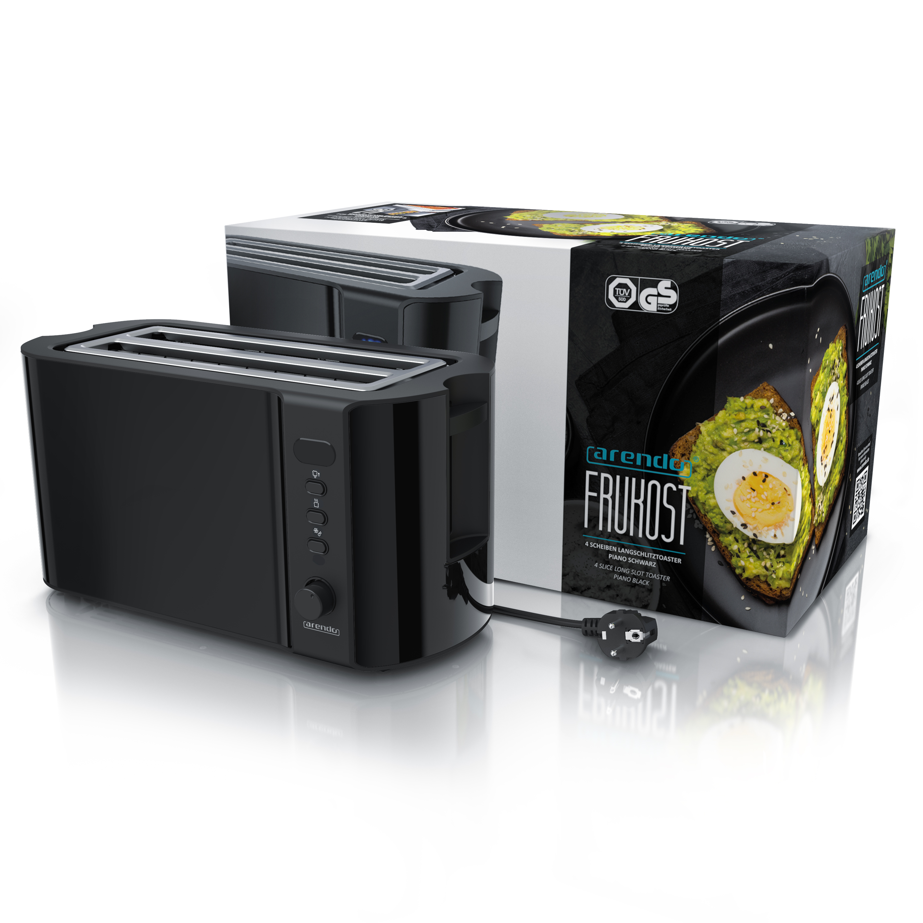 Ein schwarzer Langschlitztoaster steht neben seiner Verpackung, die Avocado-Toast zeigt.