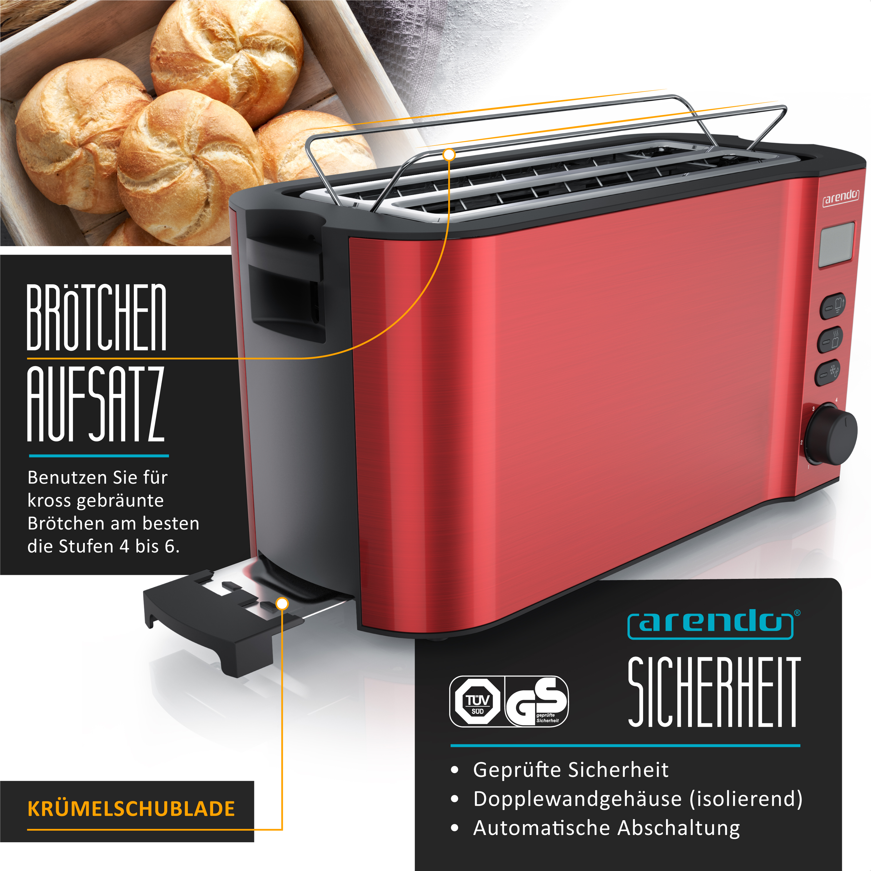 Roter Toaster mit Brötchenaufsatz und Bedienelementen. Brötchen im Korb.