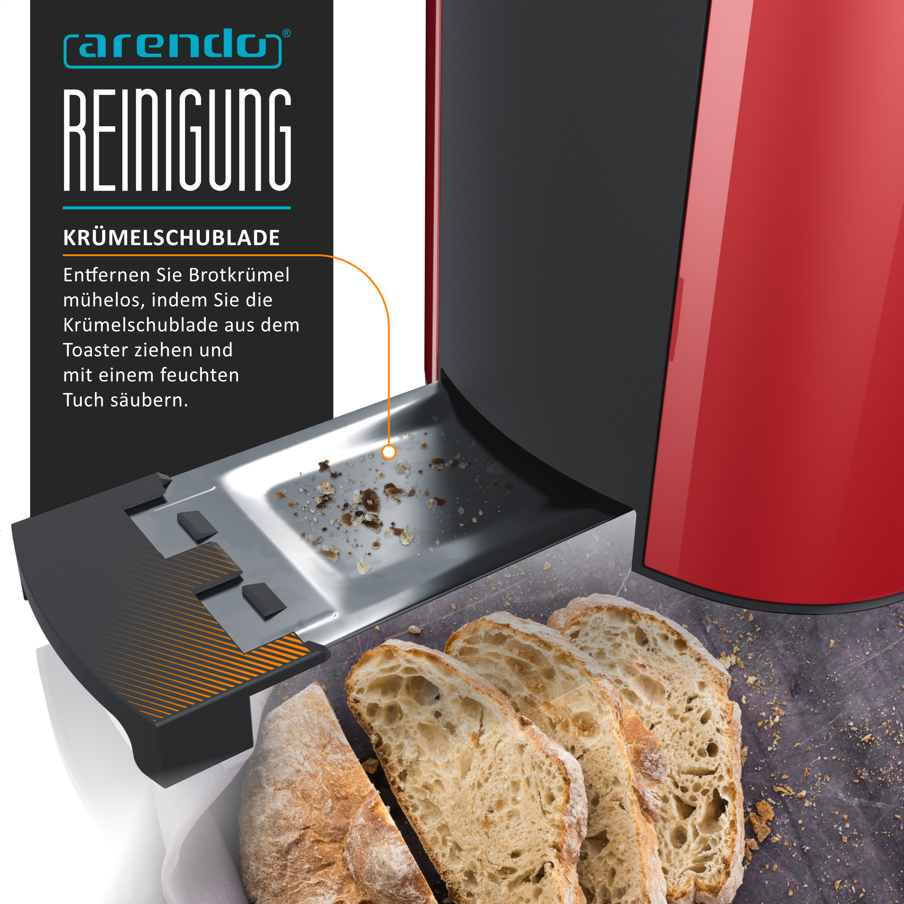 Arendo toaster cleaning: crumb tray removed with bread crumbs, slices of bread.