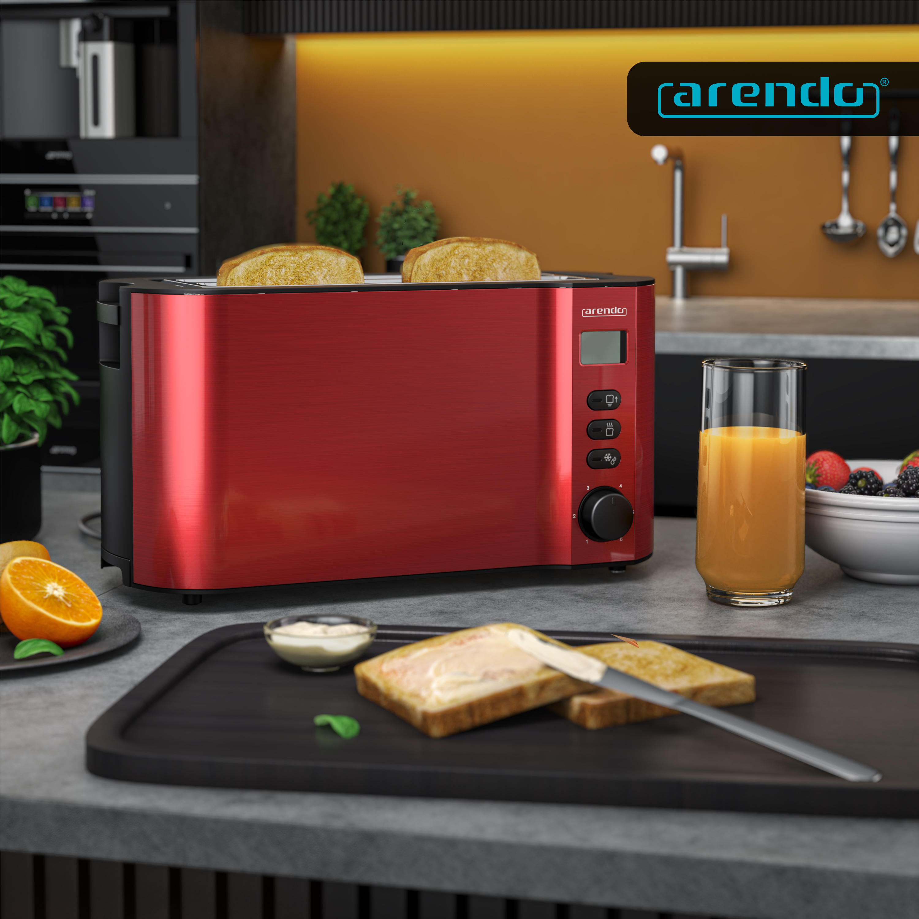 Ein roter Toaster mit Toast, Orangensaft, Beeren und Butterbrot in einer Küche.