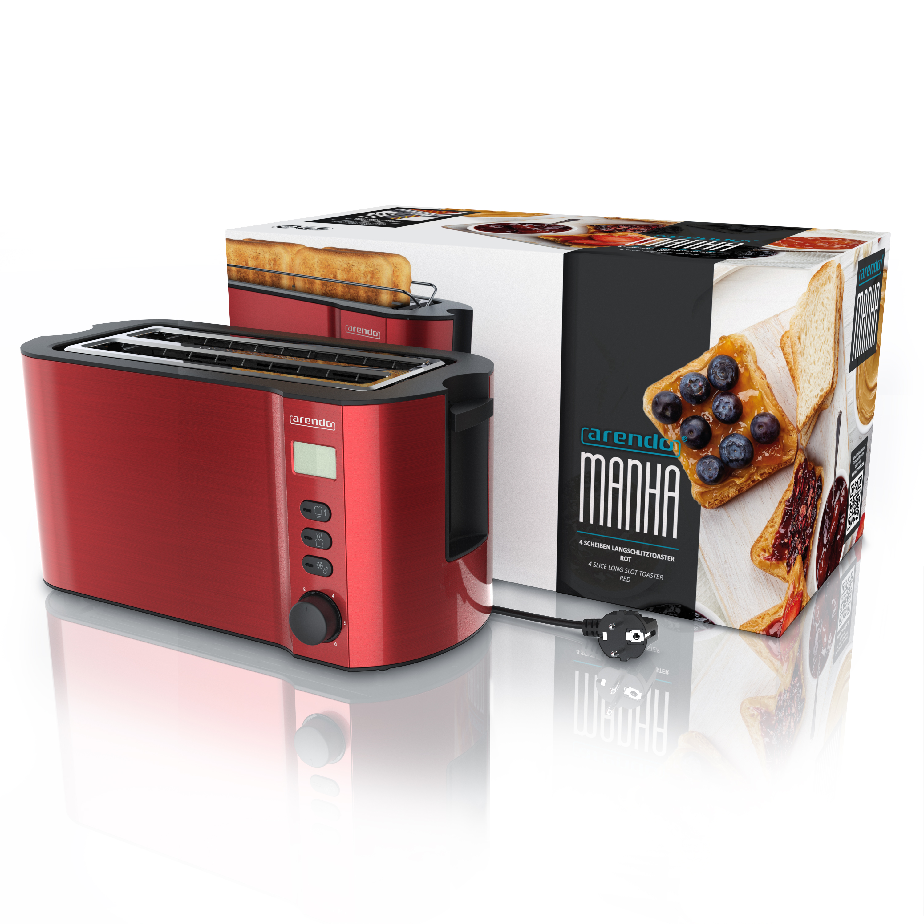 Ein roter Arendo Langschlitztoaster steht neben seiner Verpackung mit Toastbildern.