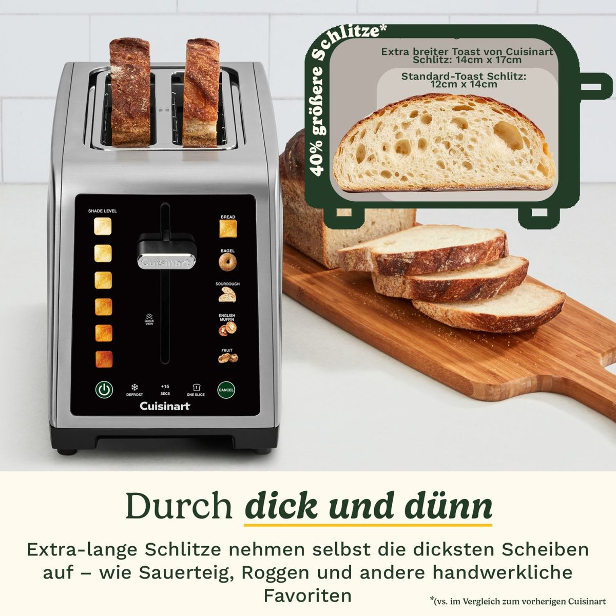 Tostapane Cuisinart con fessure larghe, pane e fette di toast su tagliere di legno.
