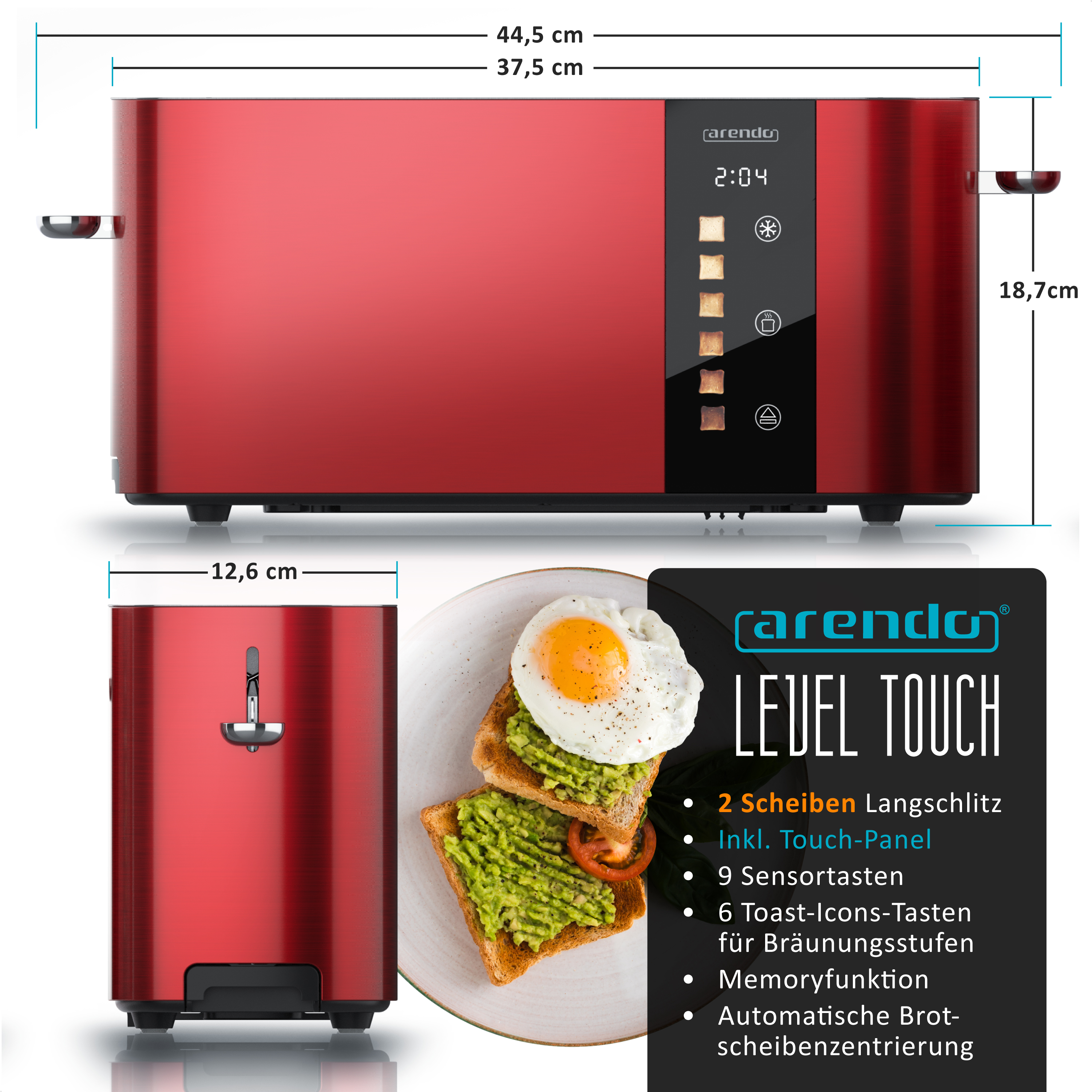 Roter Toaster mit Touch-Bedienfeld, daneben ein Teller mit Avocado-Toast und Spiegelei.