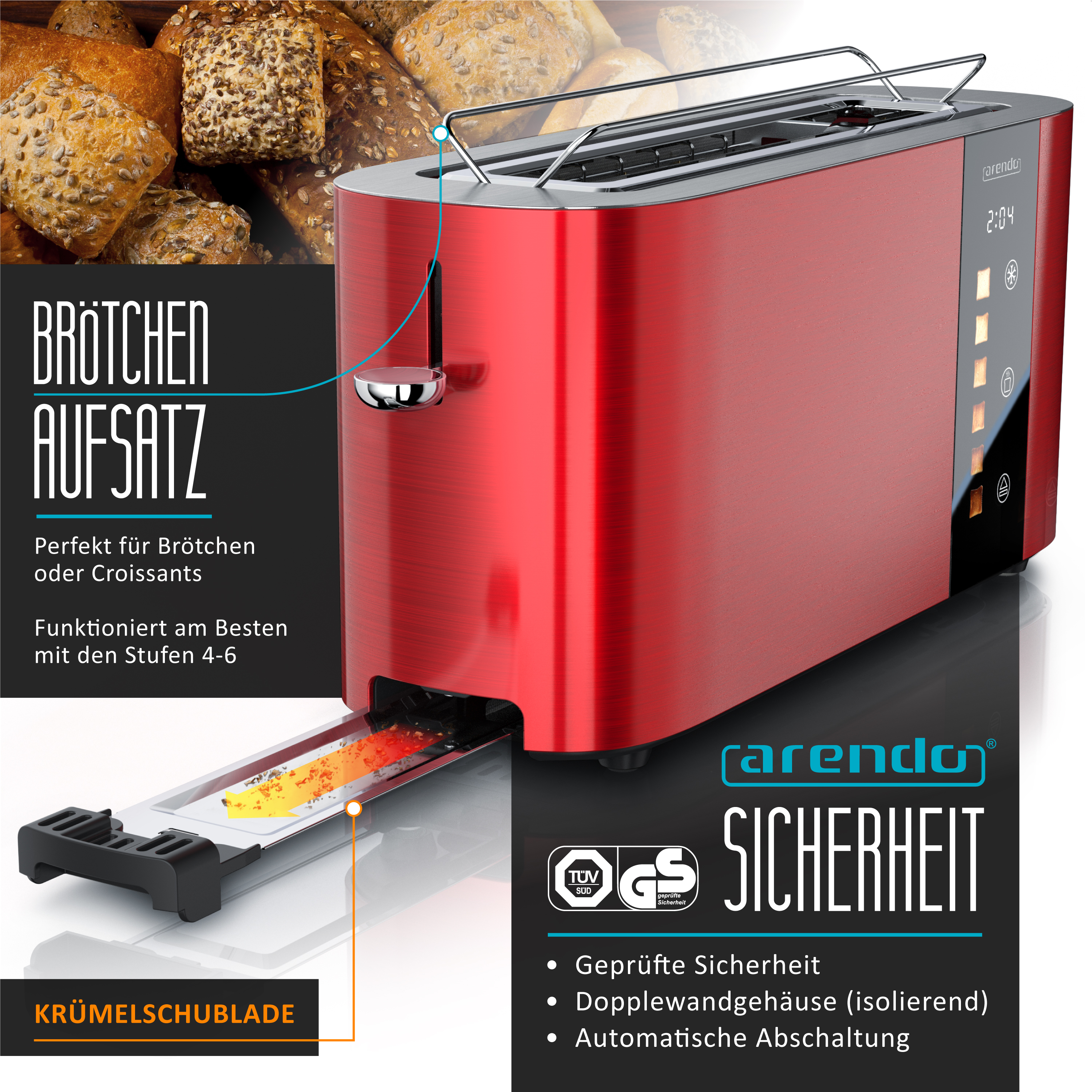 Roter Toaster mit Brötchenaufsatz und Krümelschublade. Sicherheitshinweise.