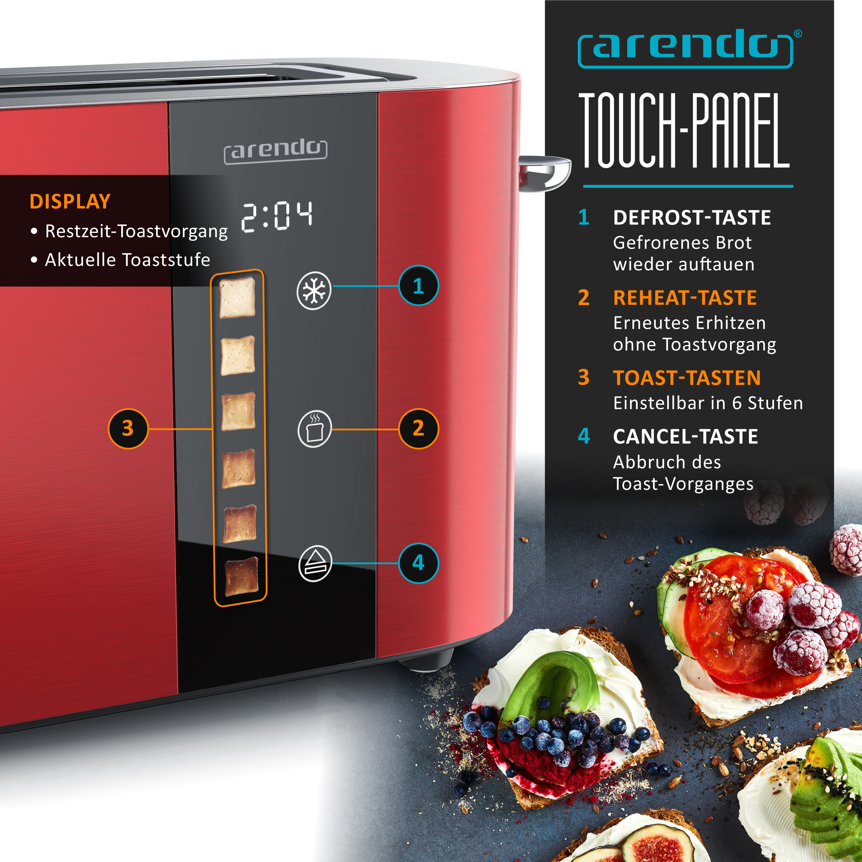 Roter Toaster mit Touchpanel. Zeigt Toaststufen und Zeit an. Mehrere Toasts sind abgebildet.