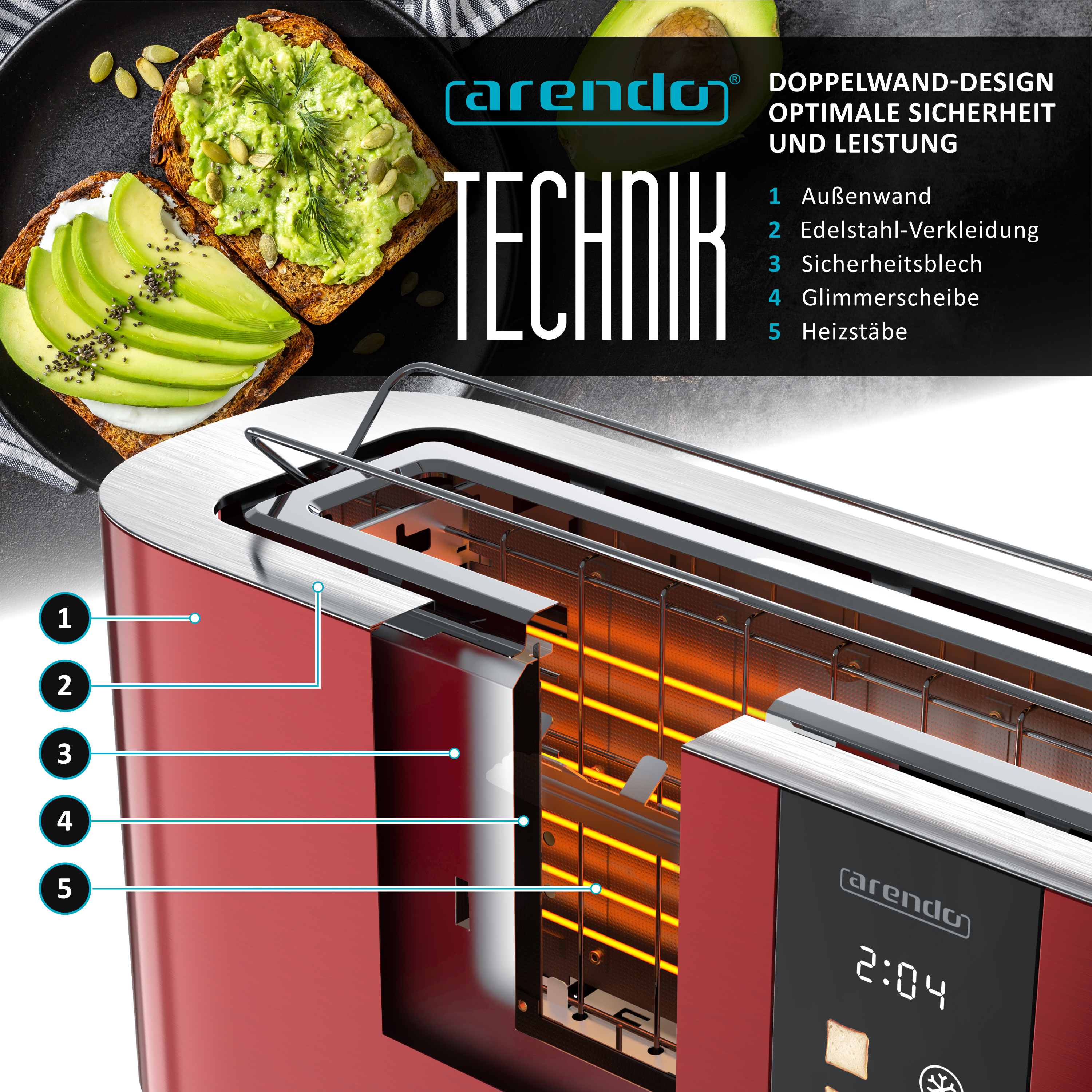 Ein roter Toaster mit Avocado-Toast und technischen Details.