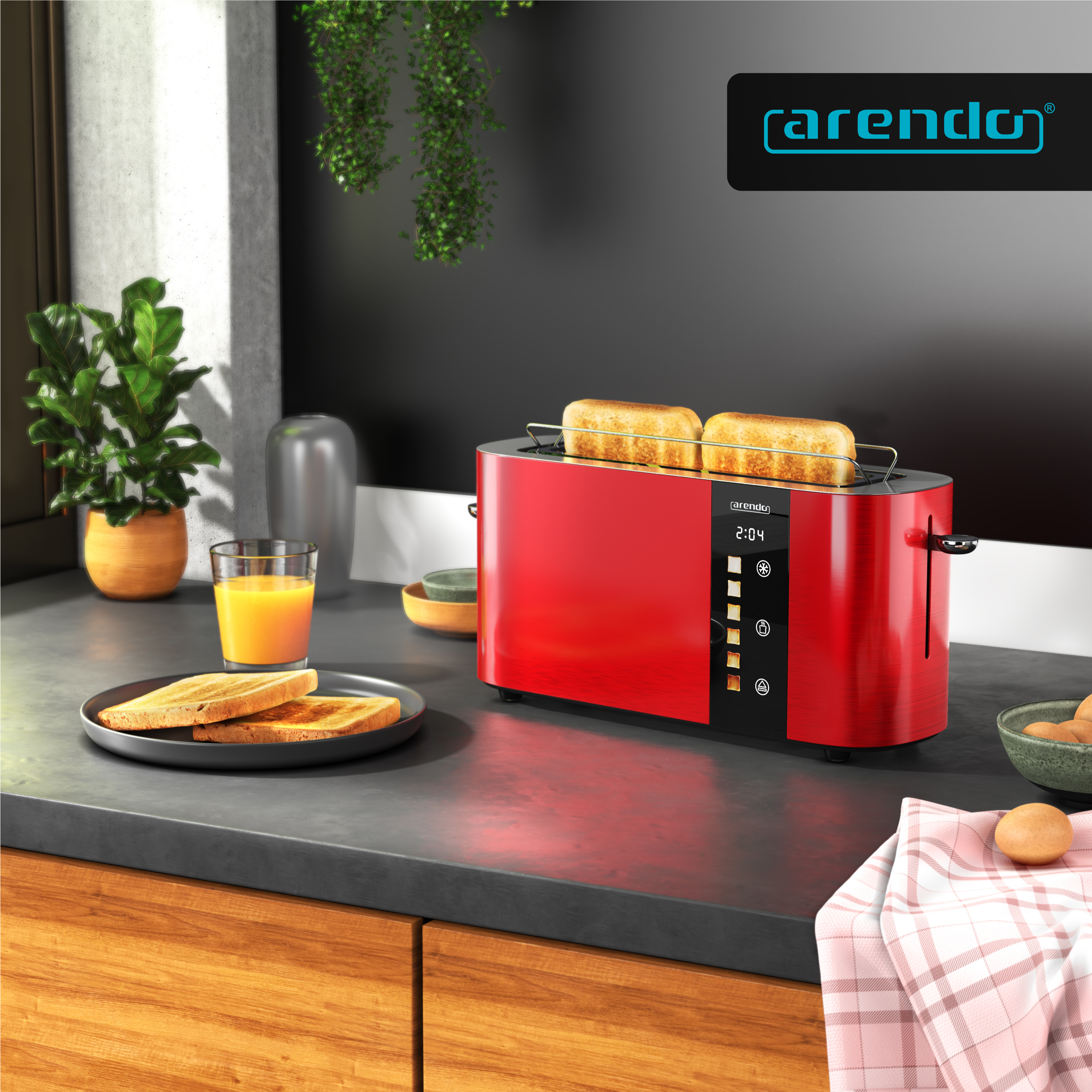 Roter Toaster mit Toastbrot, Orangensaft und Eiern auf einer Arbeitsplatte.