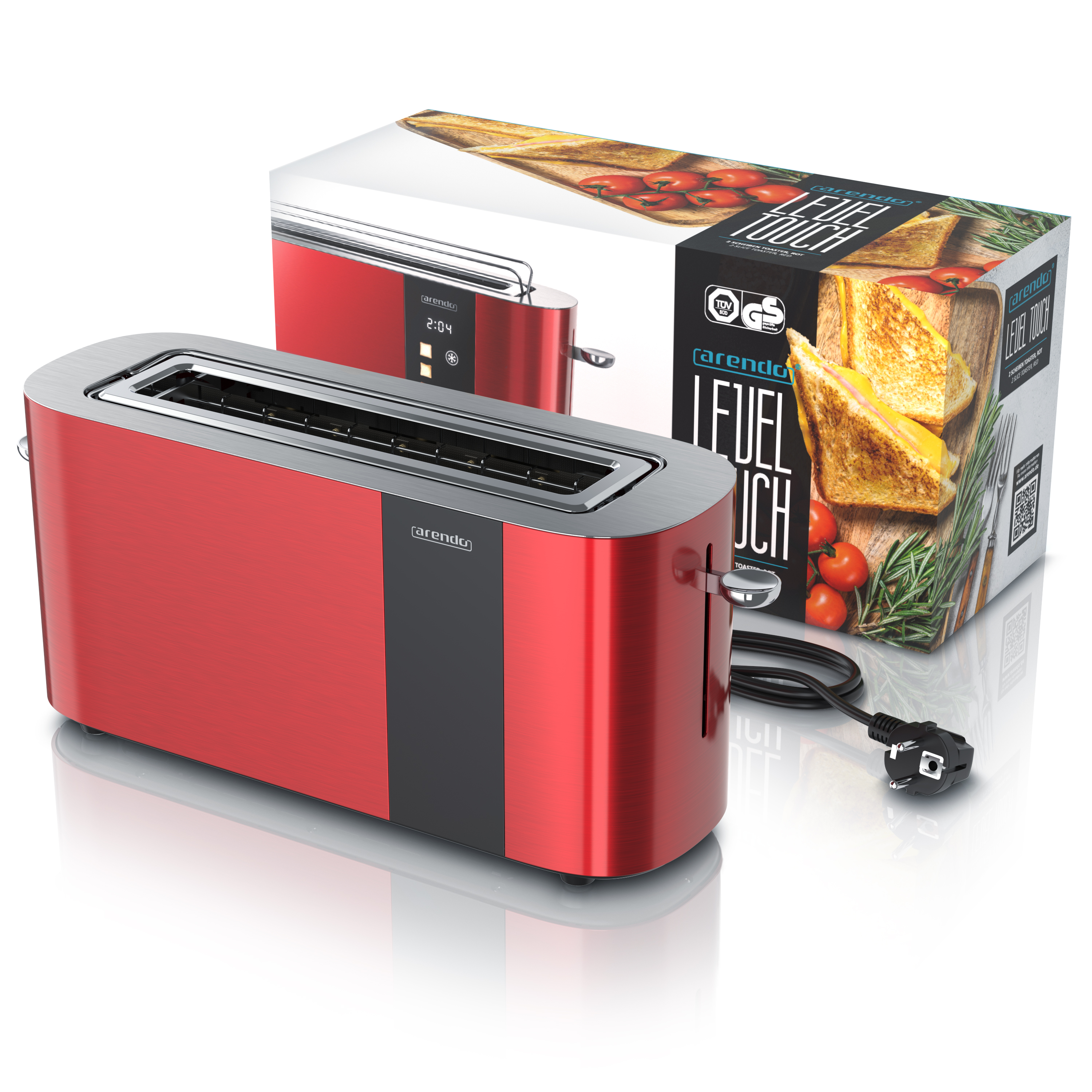 Roter Zweischeiben-Toaster von Arendo mit silbernen Akzenten und Produktverpackung.