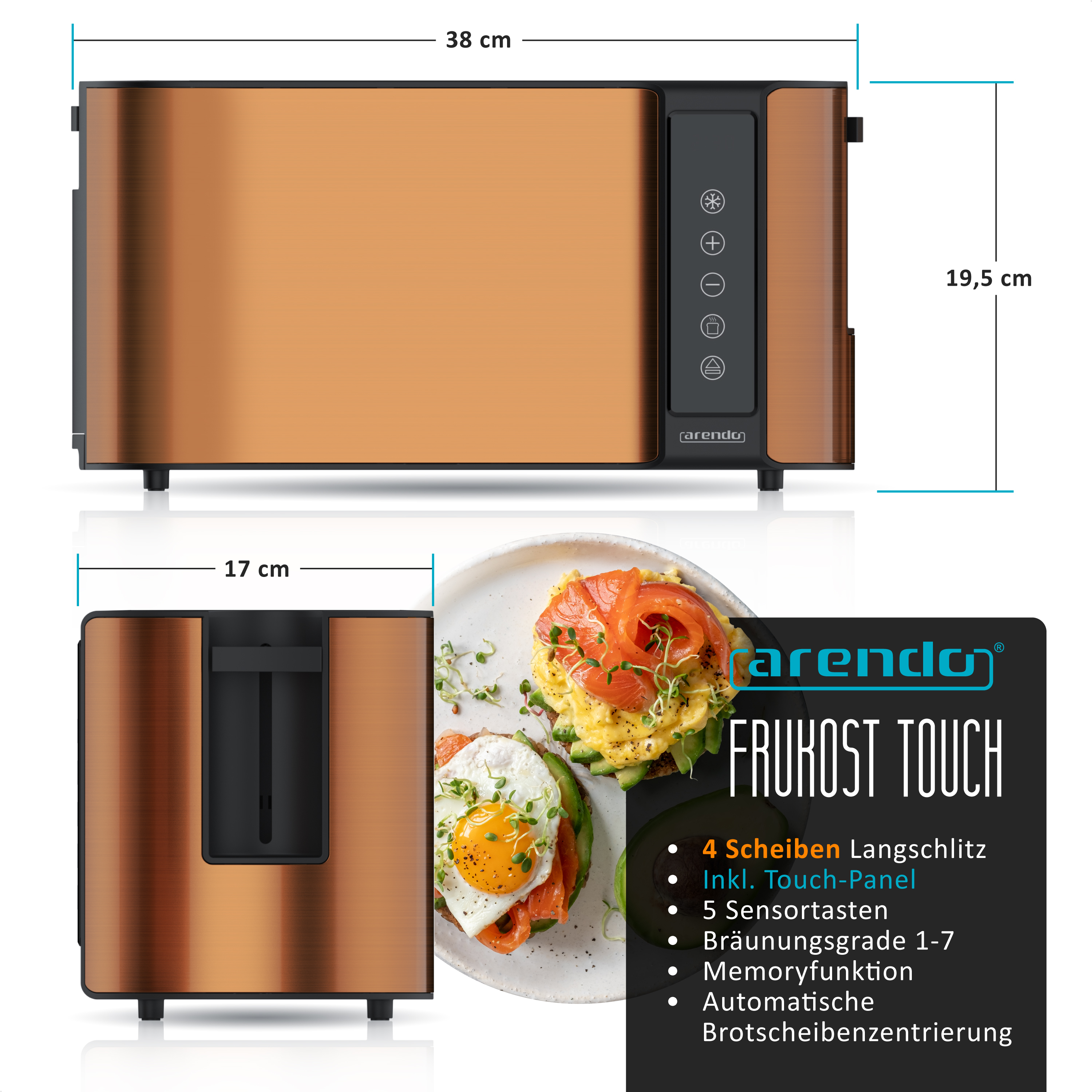 Bronzefarbener Langschlitztoaster mit Touch-Bedienfeld und Frühstück.
