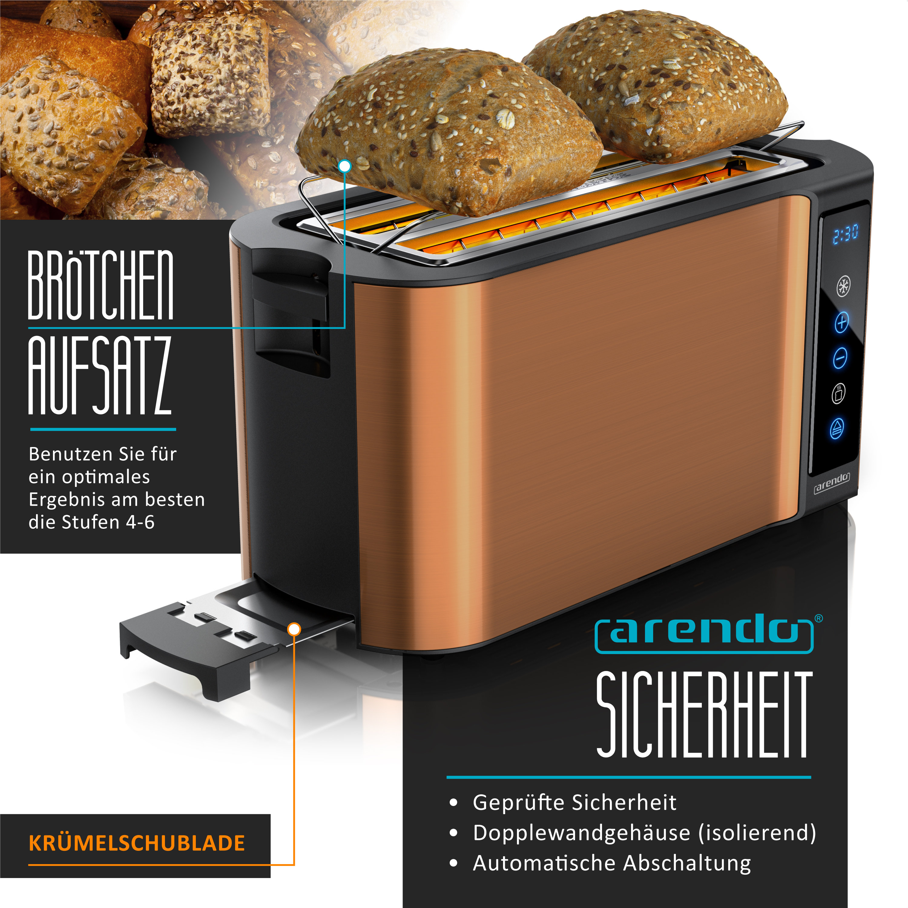 Ein kupferfarbener Toaster mit Brötchenaufsatz und zwei Brötchen.