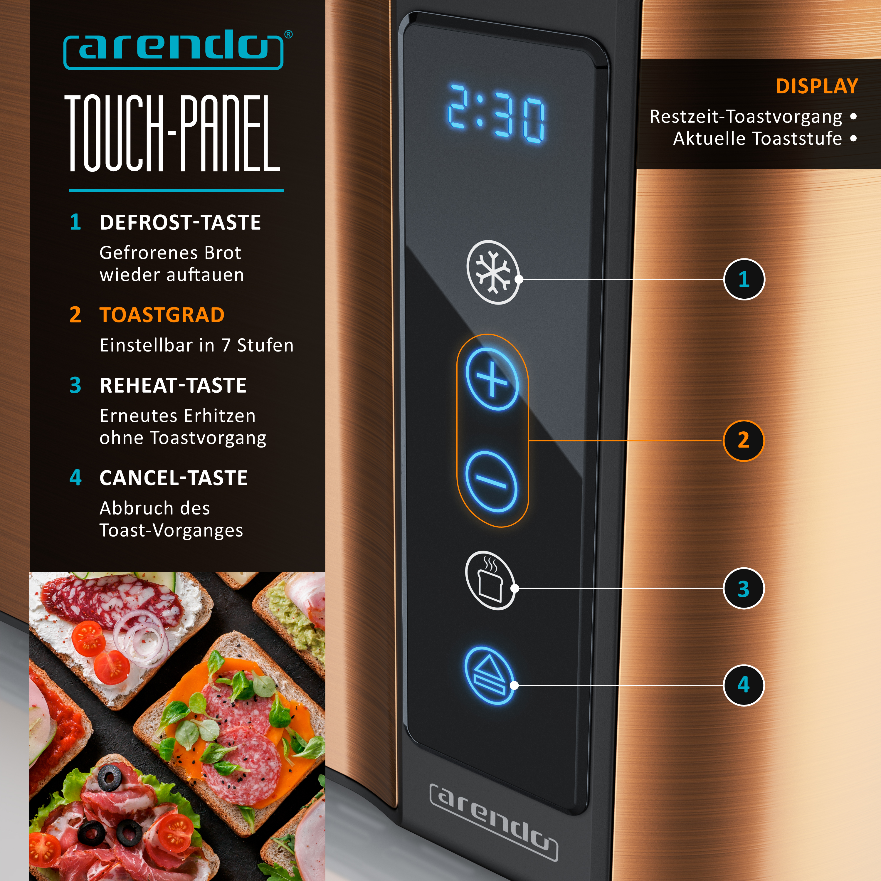 Arendo Touch-Panel mit Symbolen: Auftauen, Toastgrad, Aufwärmen, Abbrechen. Daneben: Display zeigt 2:30.