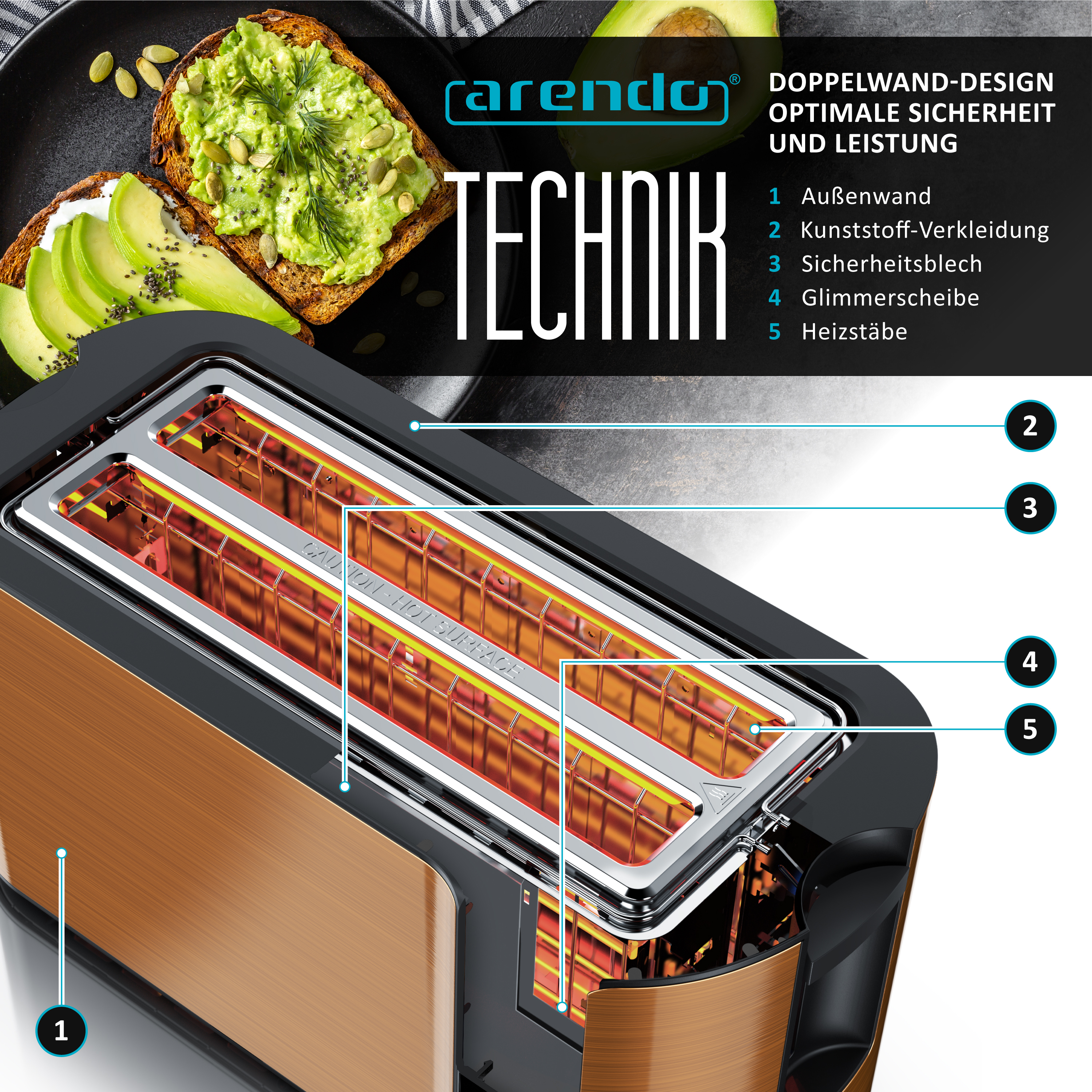 Ein Toaster mit Kupfer-Akzenten, detailliert mit technischen Beschriftungen.