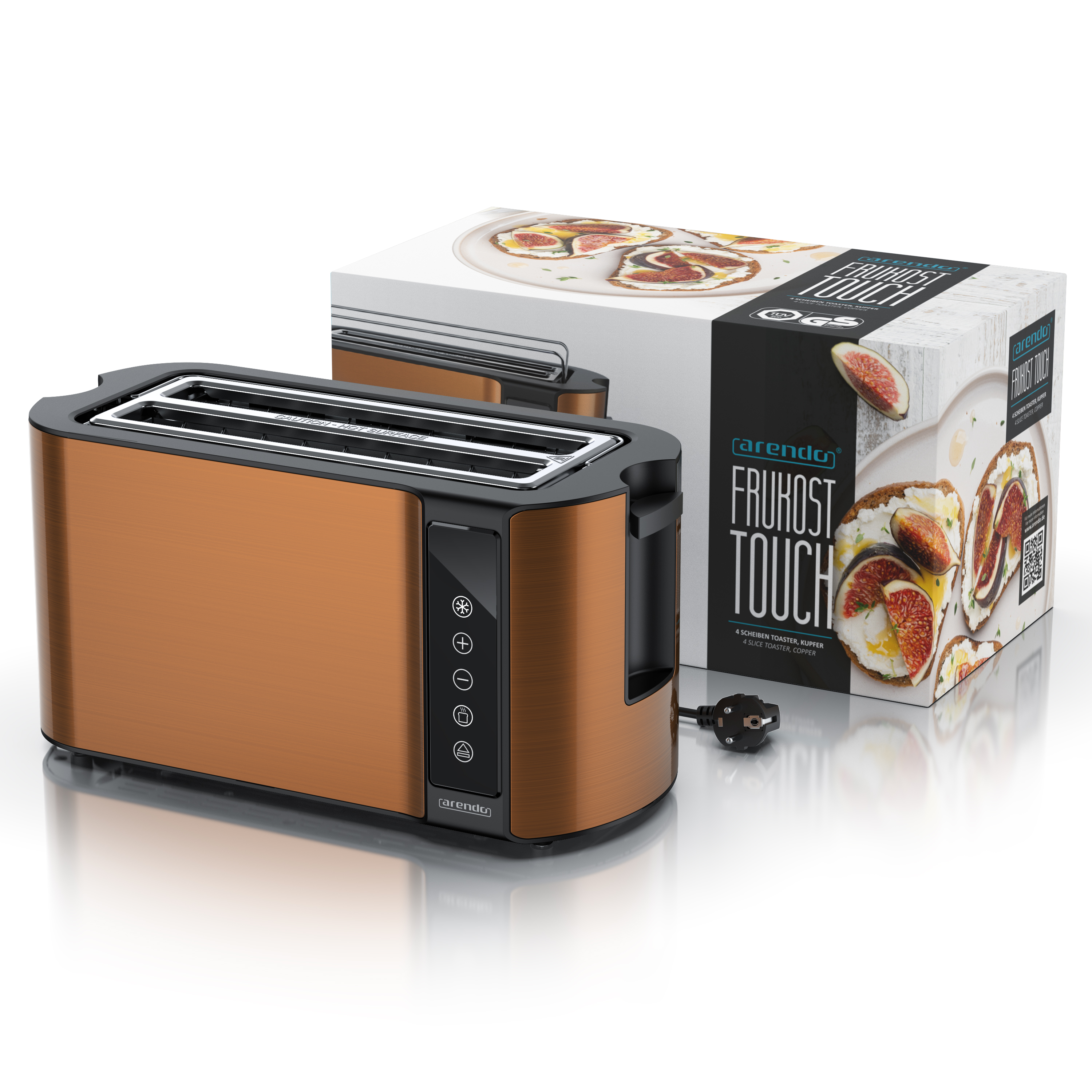 Ein kupferfarbener 4-Scheiben-Toaster von Arendo mit Verpackung, die Toast mit Feigen zeigt.