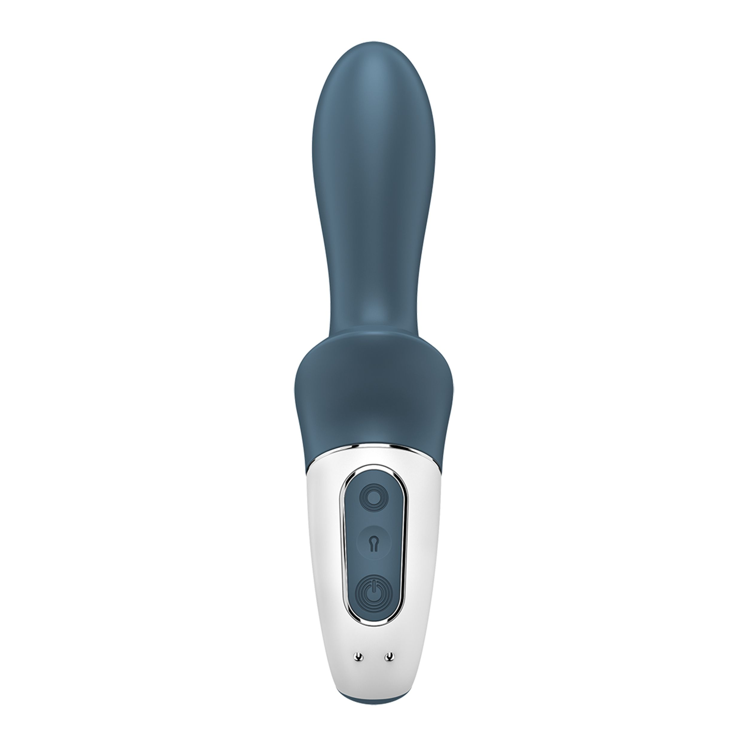 Ein blauer Vibrator mit weißen Bedienelementen und silbernen Akzenten.