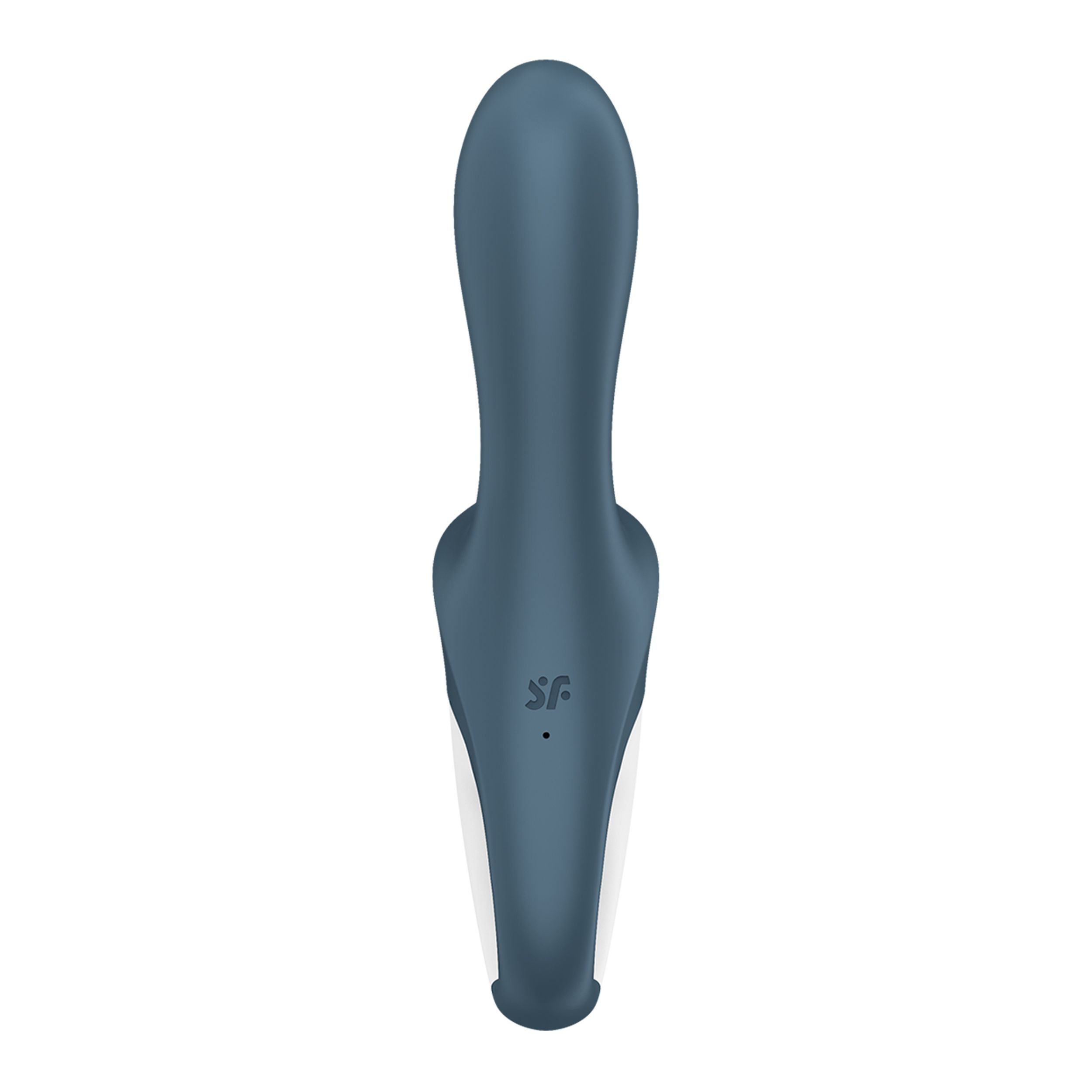 Ein blauer, ergonomisch geformter Vibrator mit weißer Basis und einem kleinen Punkt.