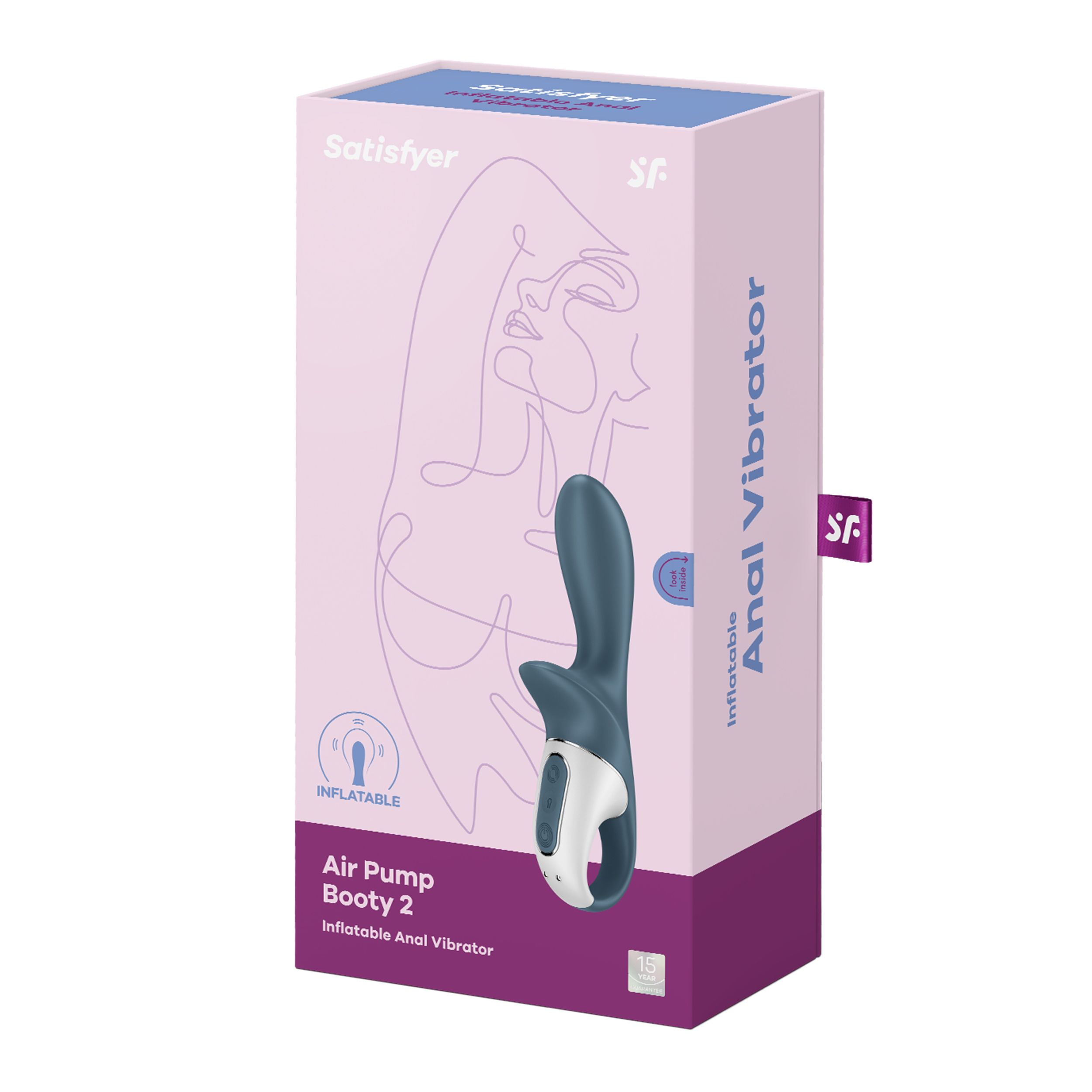 Verpackung eines blauen Analvibrators mit silbernen Akzenten, mit Text.