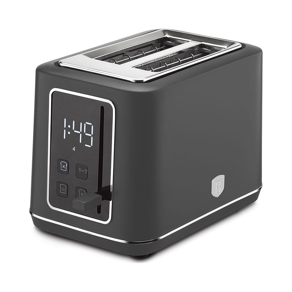 Un tostapane nero con accenti argentati e display digitale.