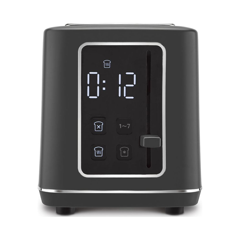 Un tostapane nero con display digitale che mostra 0:12.