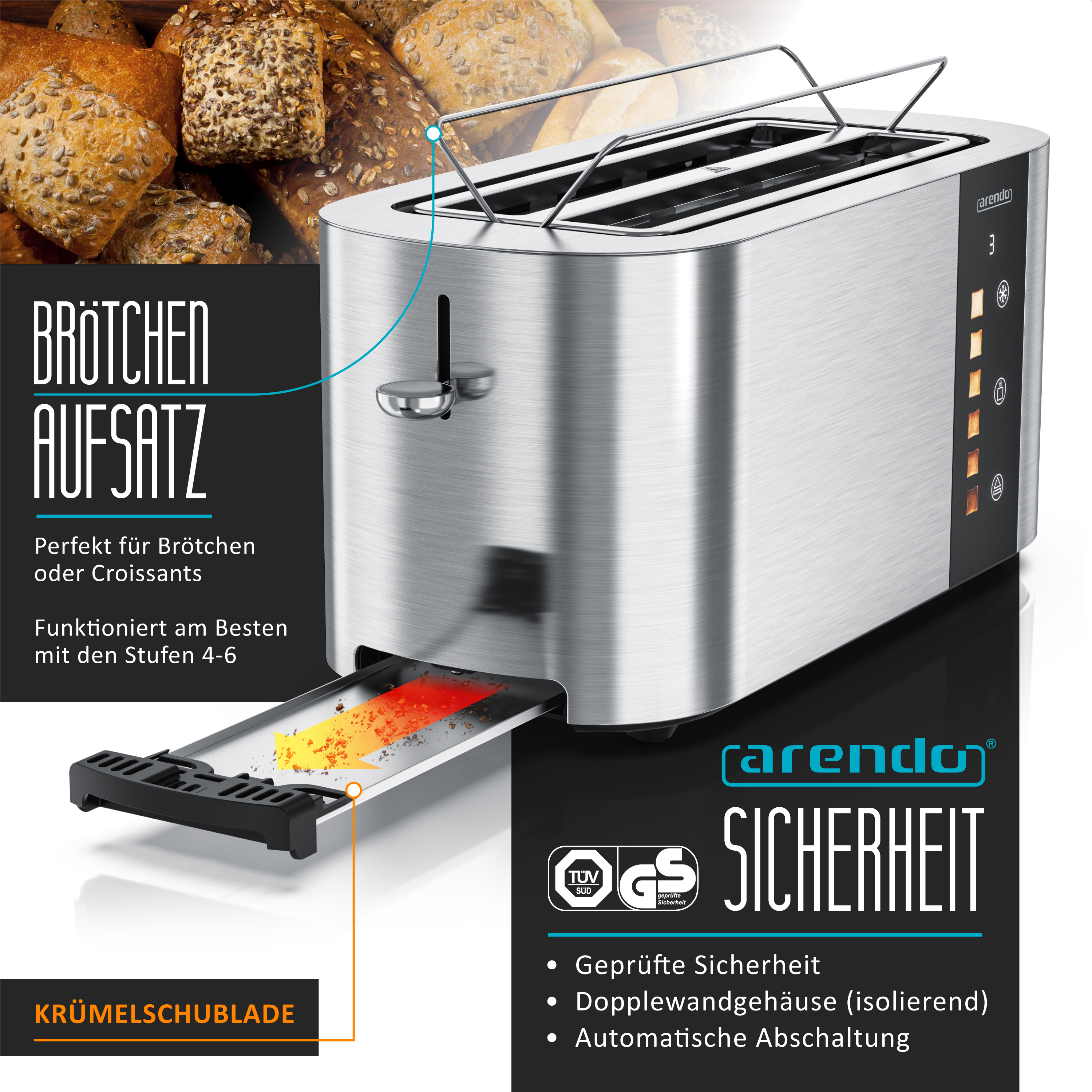 Edelstahl-Toaster mit Brötchenaufsatz und Krümelschublade. Sicherheitssiegel.