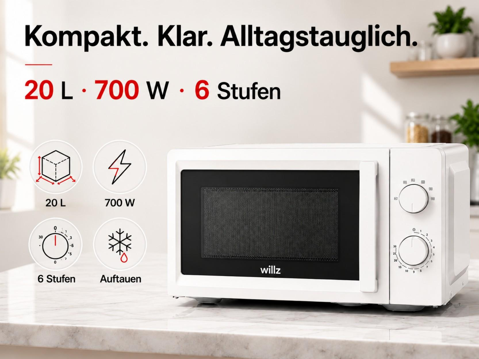 Weiße Mikrowelle mit 20L, 700W, 6 Stufen und Auftaufunktion.